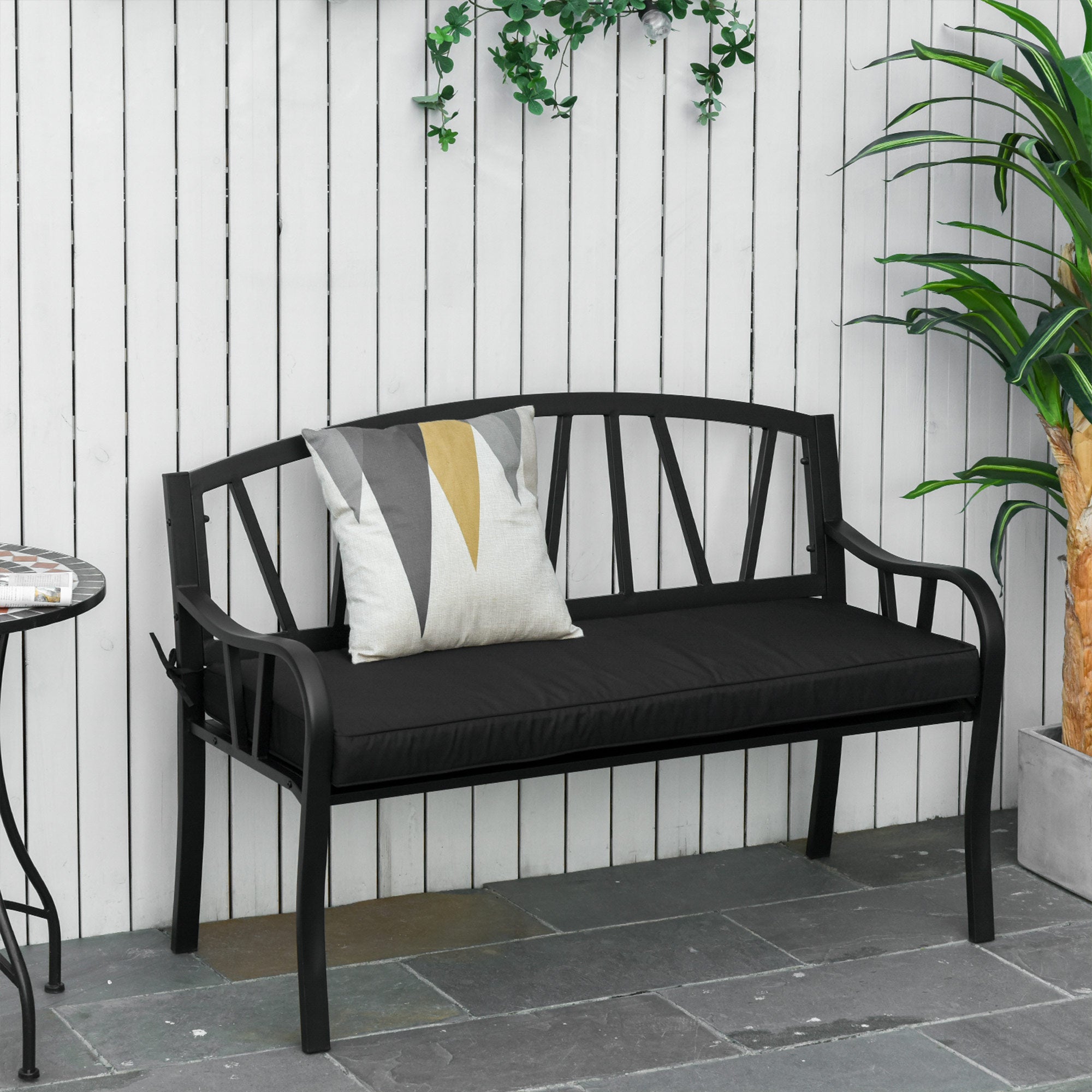 2-Seater Metal Garden Bench with Cushion and Decorative Backrest - Black