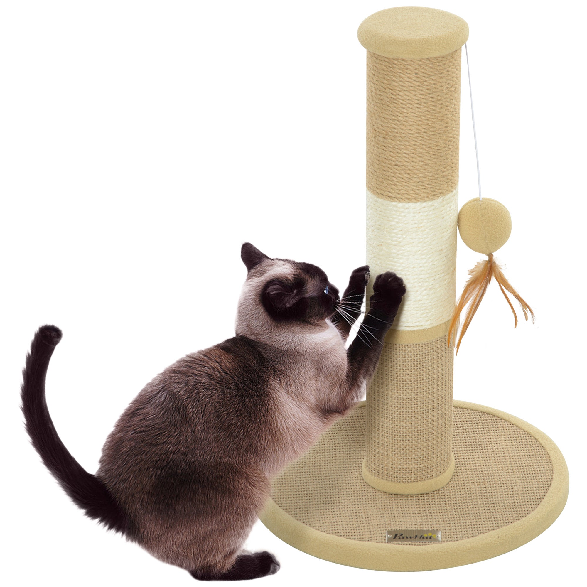 47cm Indoor Cat Scratching Post with Jute Sisal Rope, Hanging Toy Ball & Feather - Brown