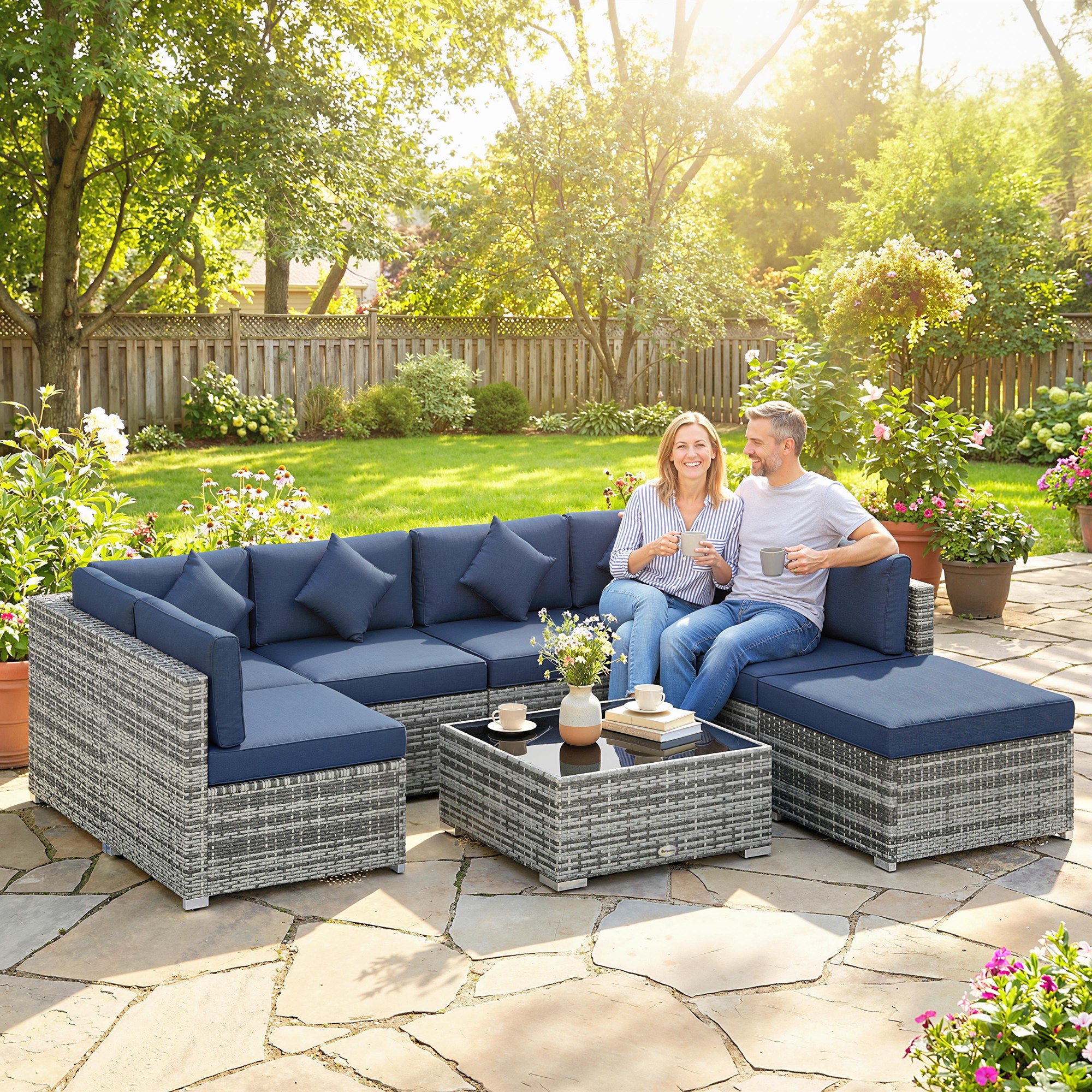 8 Pieces PE Rattan Corner Sofa Set, Outdoor Garden Furniture Set, Patio Wicker Sofa Seater w/ Cushion, Dark Blue