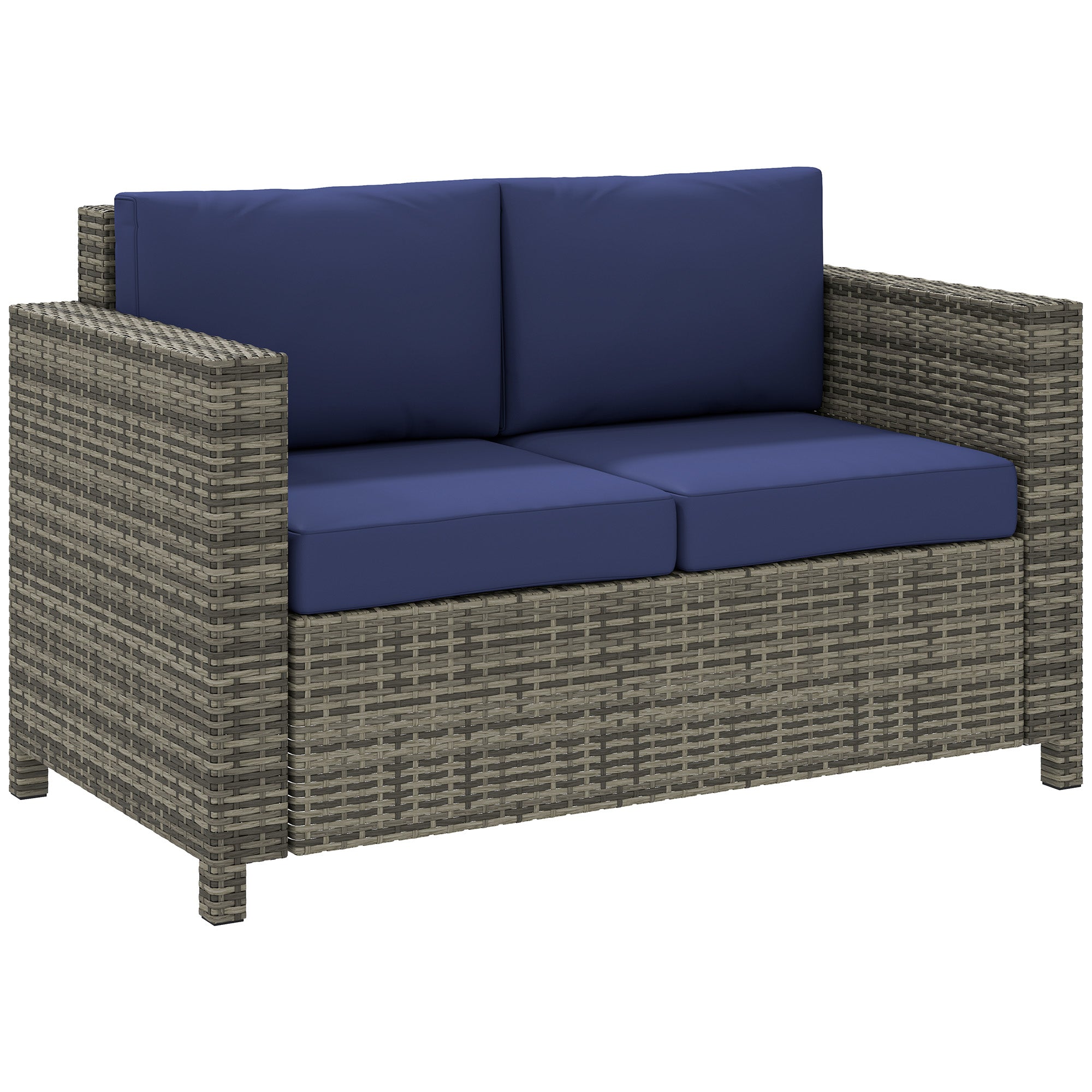 2 Seater Rattan Garden Sofa with Padded Cushions and Armrests Navy Blue