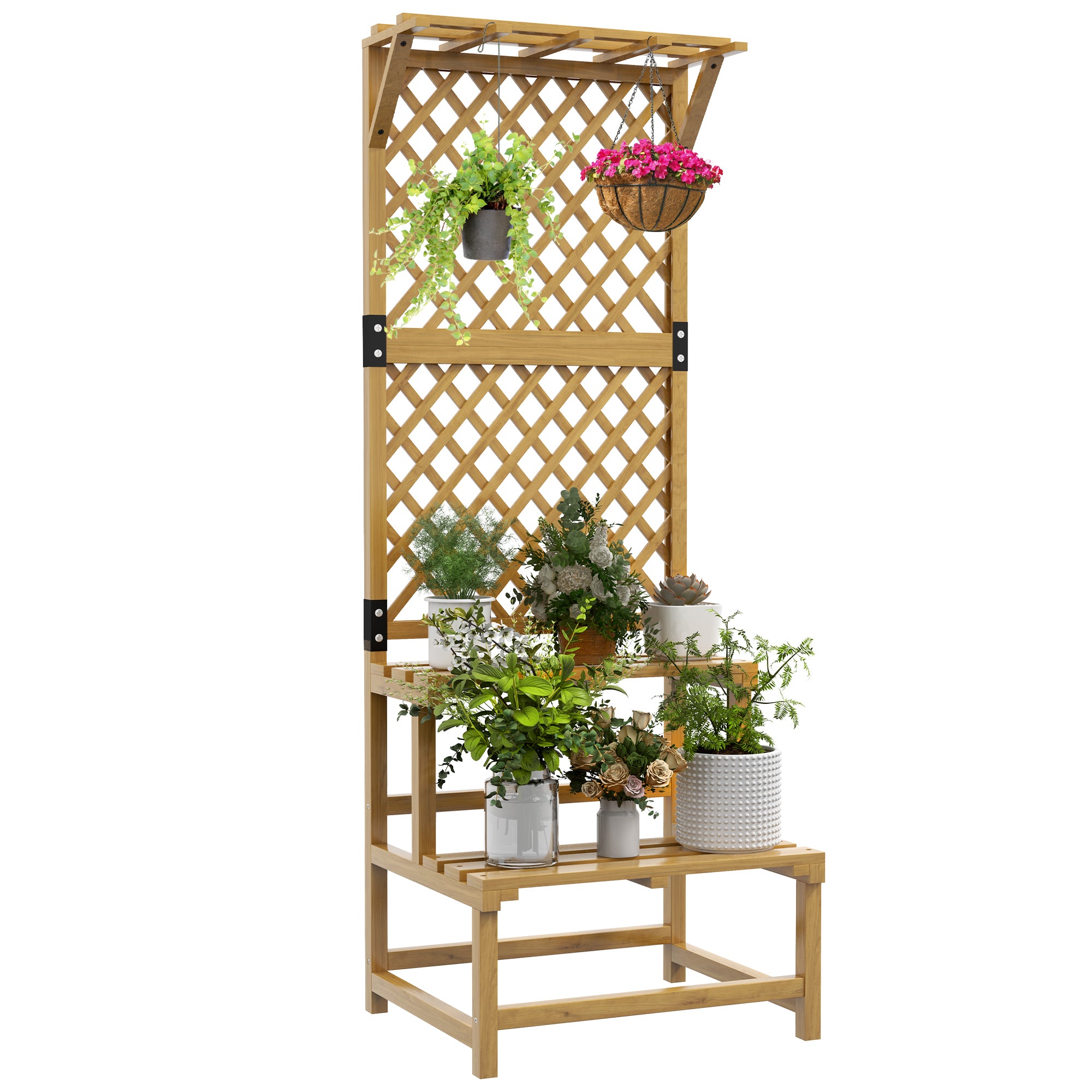 Wooden Plant Stand with Trellis and Shelves - Natural Finish