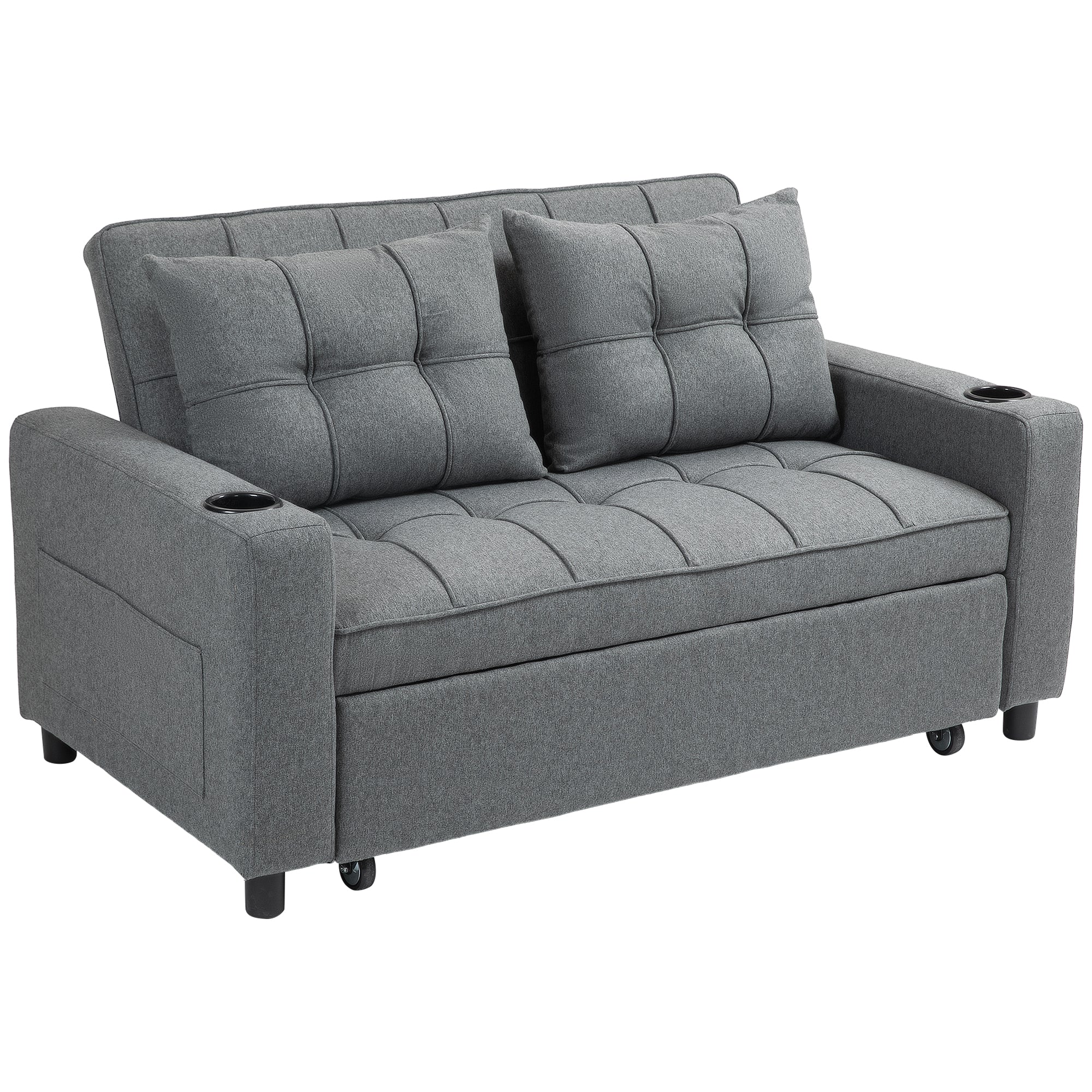 Two-Seater Pull-Out Sofa Bed with Adjustable Backrest and Cup Holders - Charcoal Grey