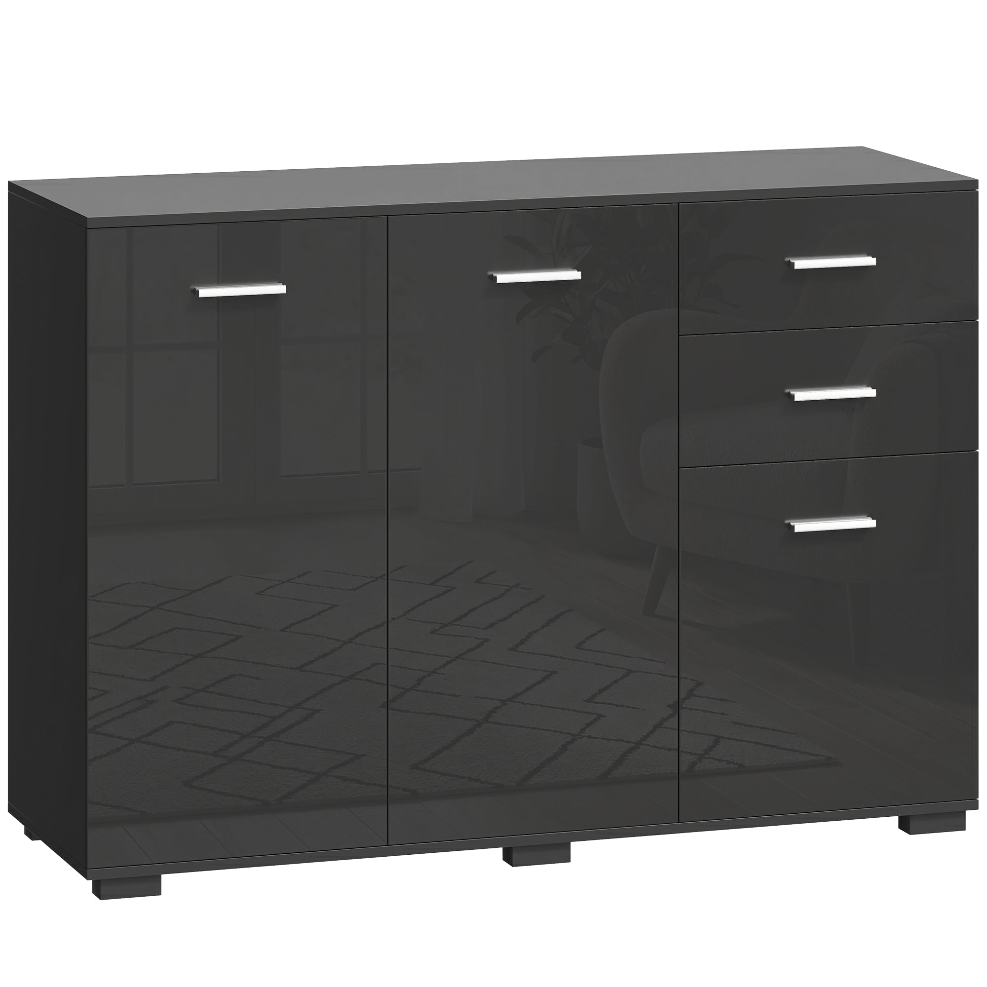 Sideboard, Modern Storage Cabinet with 2 Drawers, 3 Doors and Adjustable Shelves, High Gloss Black
