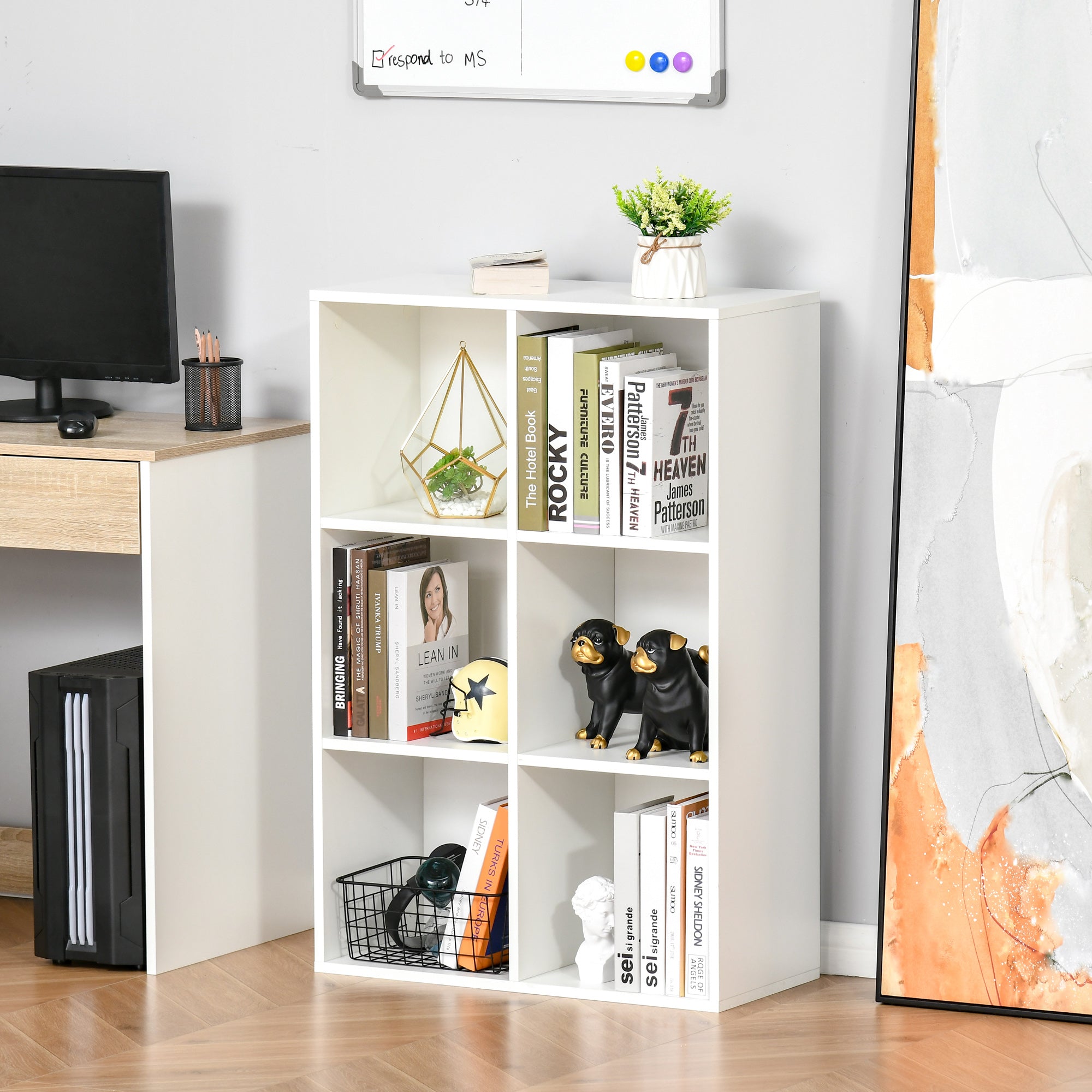 Six-Cube Bookcase Storage Unit with Anti-Tip Straps - White Wood Effect