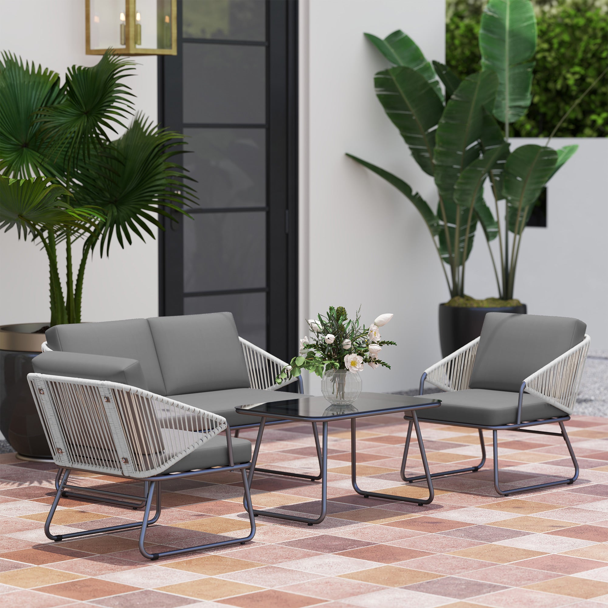 4 Piece Rattan Outdoor Sofa Set with Cushions - Grey