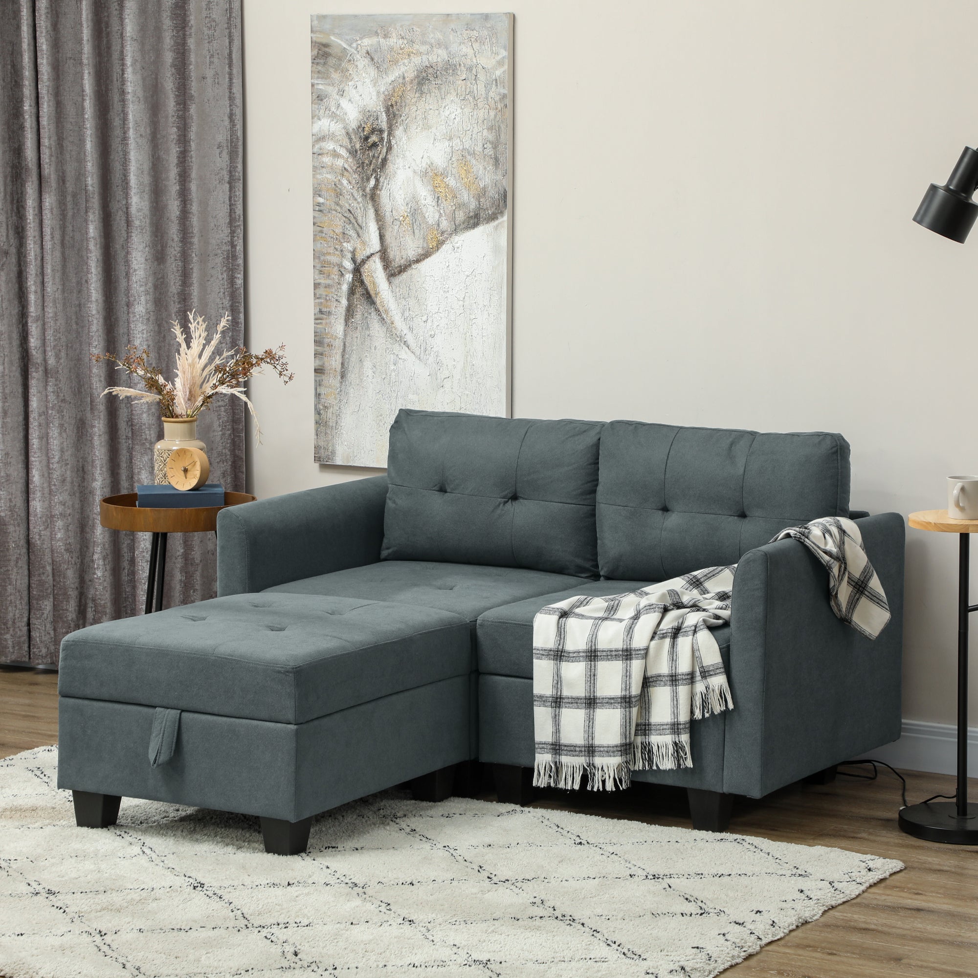 L Shape Modular Storage Sofa with Ottoman - Dark Grey