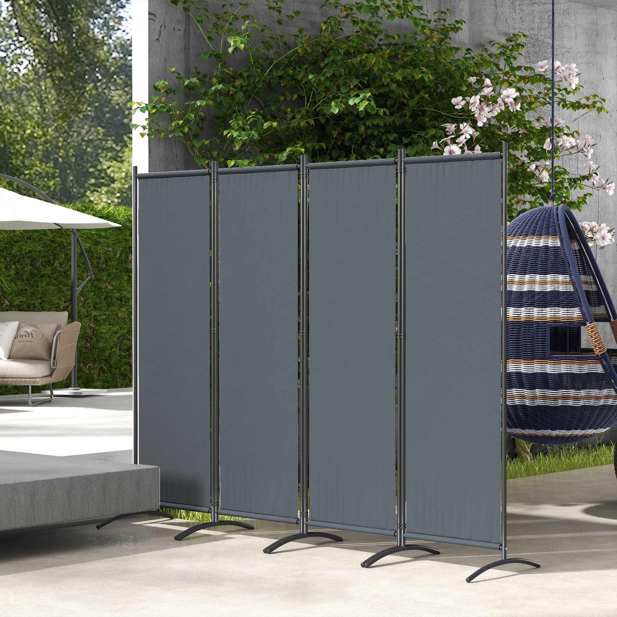 4 Panel Folding Garden Divider Privacy Screen with Wide Feet - Dark Grey