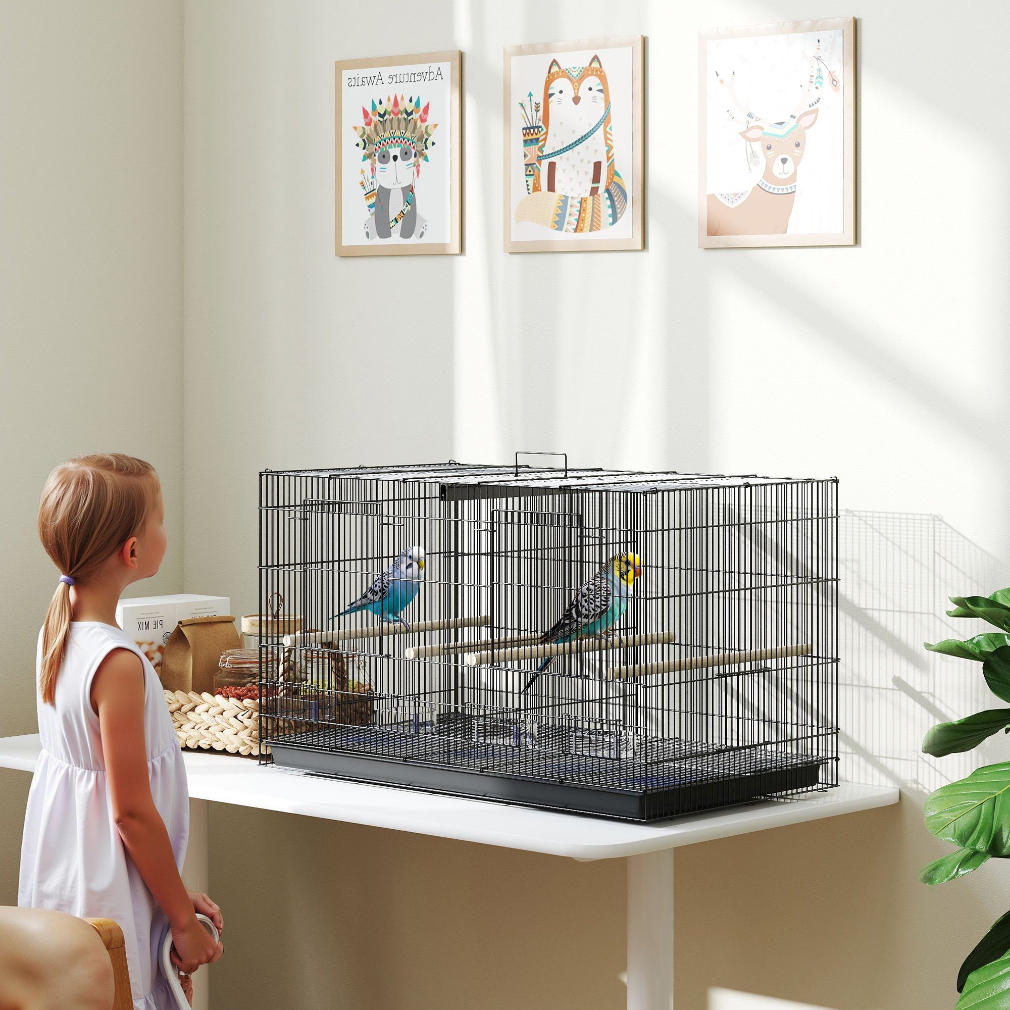 Bird Cage with Divider, 4 Perches & Feeders, Slide-Out Tray, 76x46x46cm for Budgie, Lovebird, Canary - Black