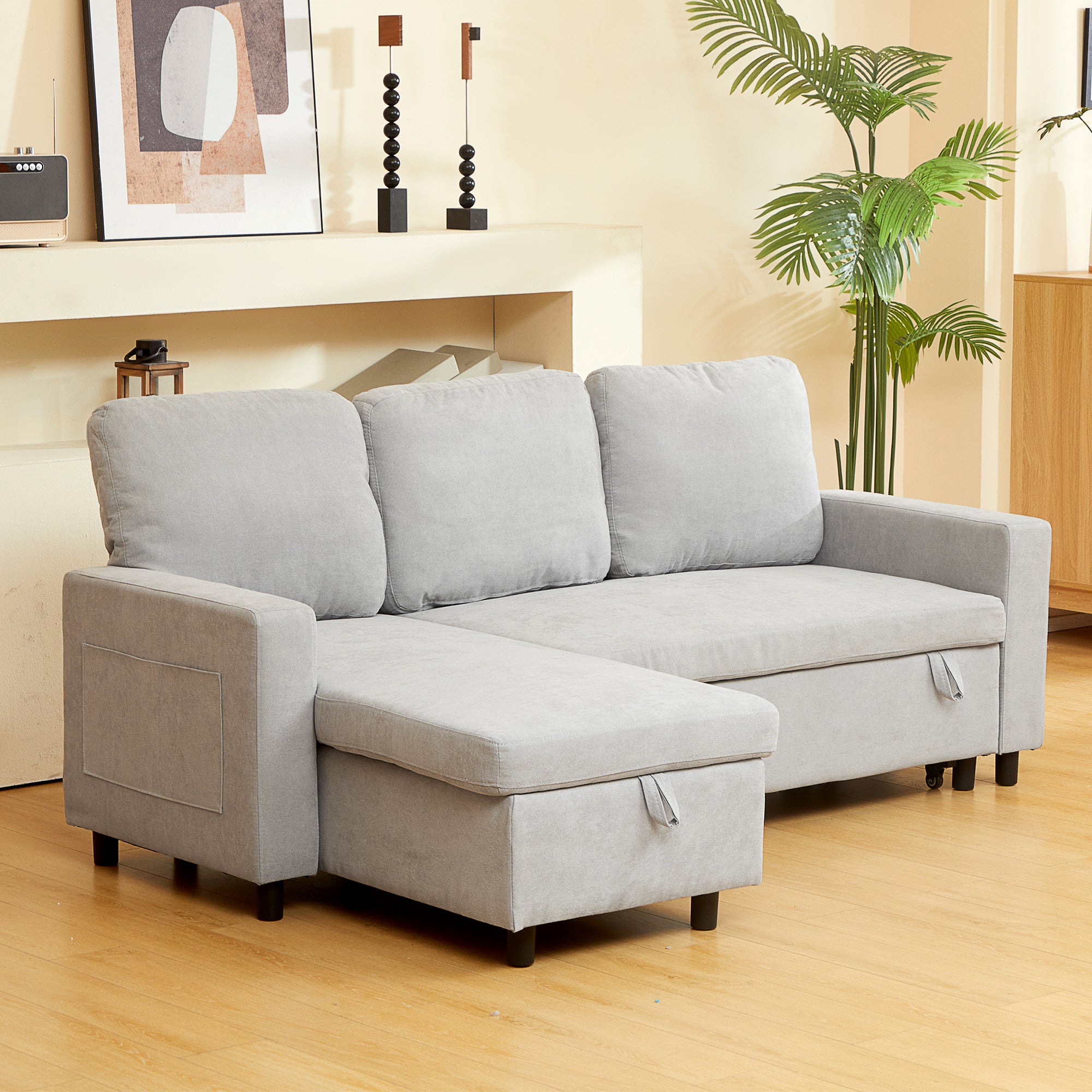 L Sofa Bed with Storage, Reversible Chaise - Light Grey