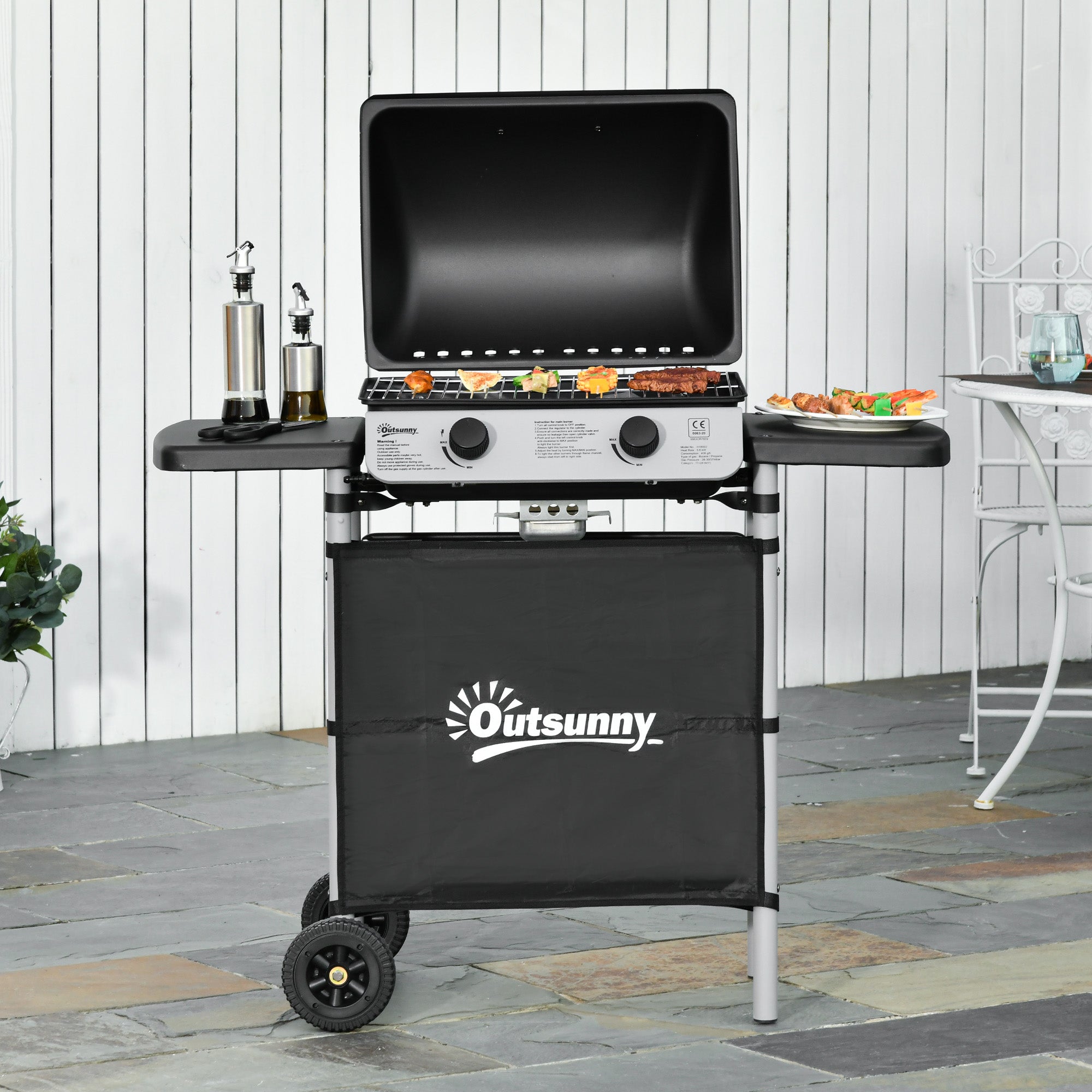 2 Burner Gas BBQ Trolley with Lid, 5.6 kW Grill, Wheels & Side Shelves - Grey