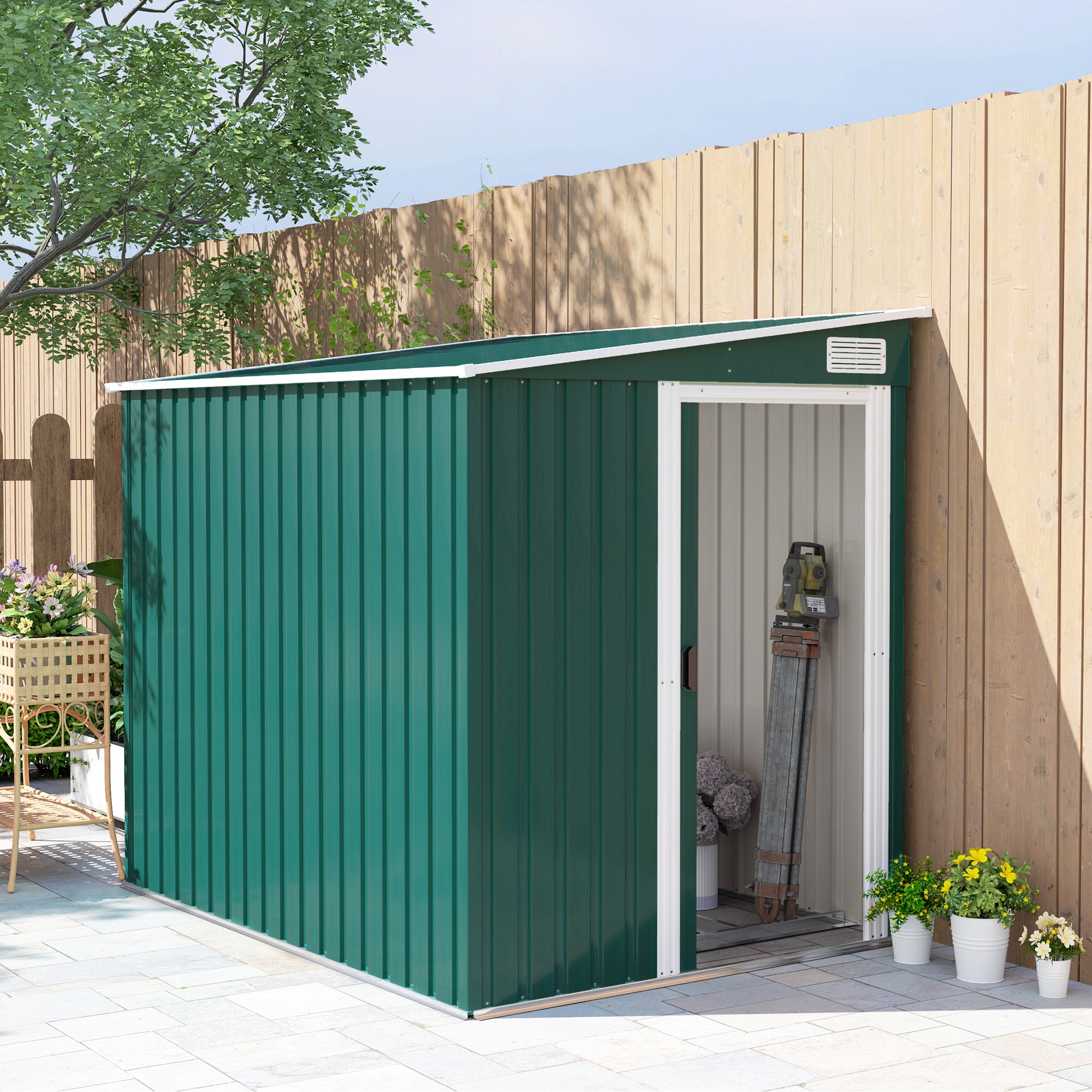 7 x 5ft Galvanised Metal Garden Shed with Sliding Door and Ventilation - Green