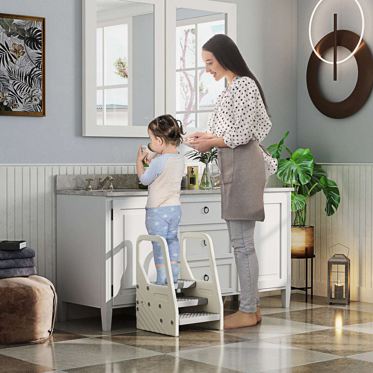 Adjustable 3 Step Toddler Tower with Handles, Non-slip Surface and Foot Pads, Grey