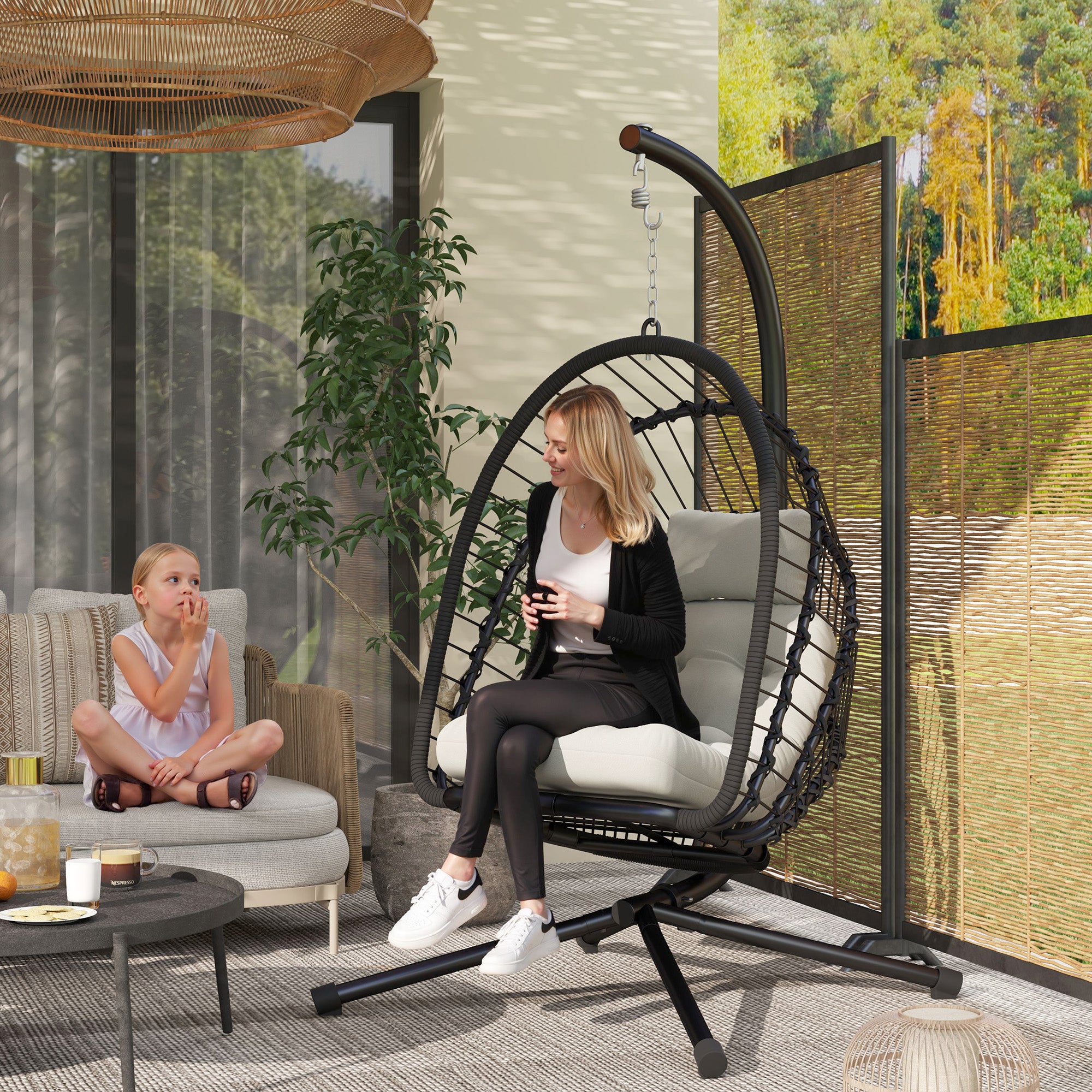 Hanging Egg Chair with Cushion and Metal Stand - Black