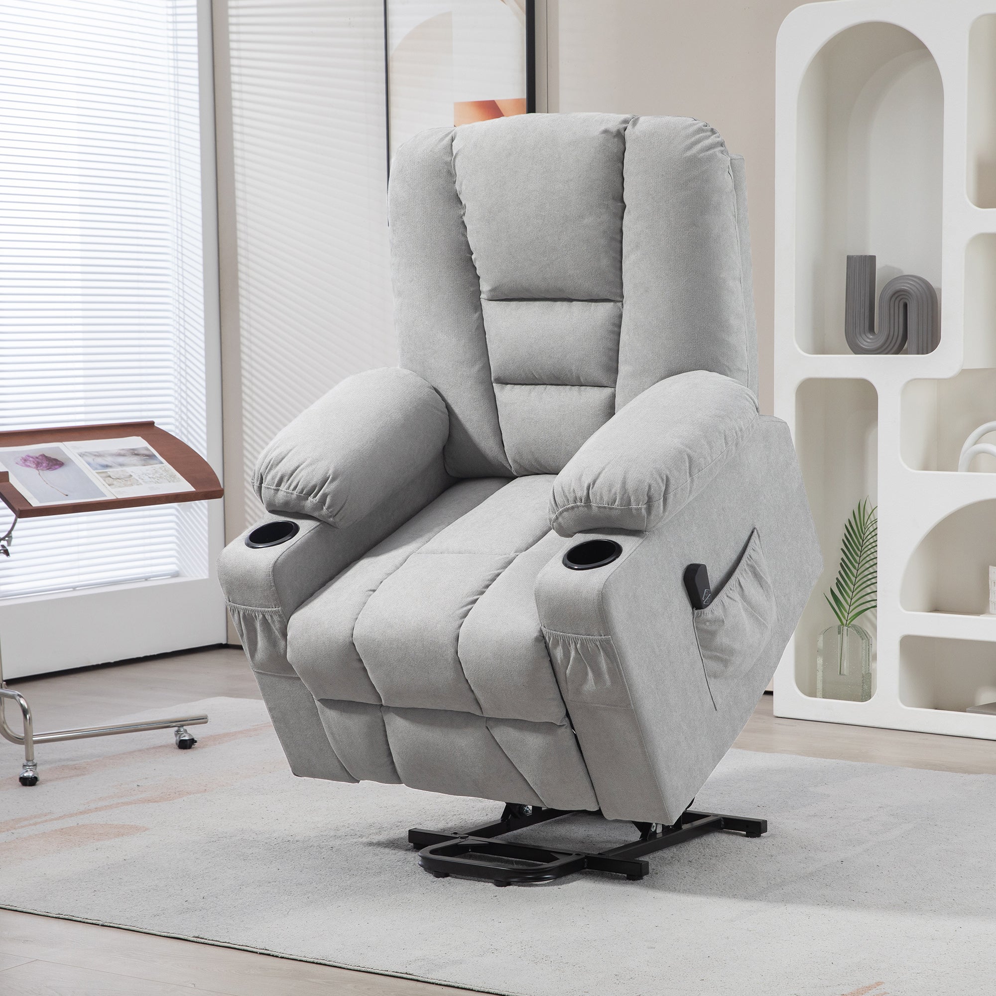 Oversized Power Lift Riser Recliner Chair with Cup Holders – Light Grey Linen Look
