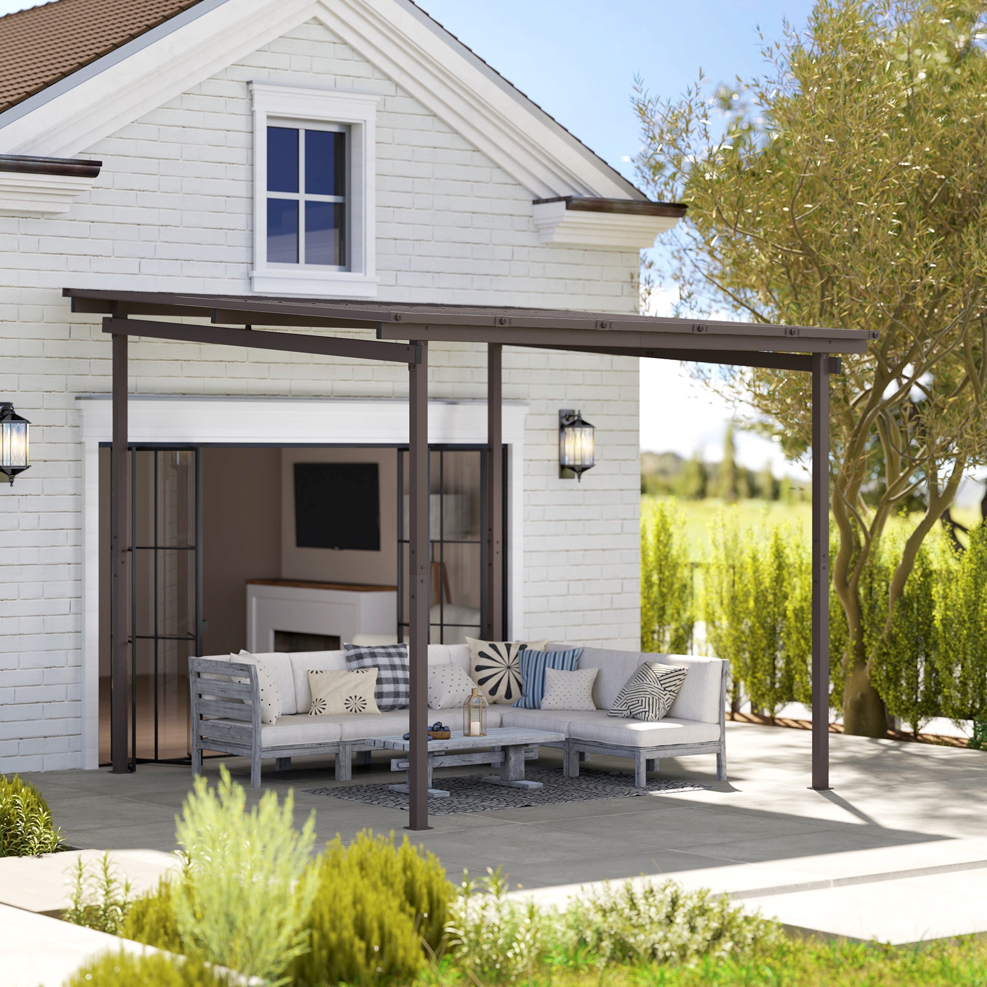 3 x 3m Garden Pergola with Waterproof Metal Roof Lean-To Gazebo Wind-Resistant Easy Assembly - Brown
