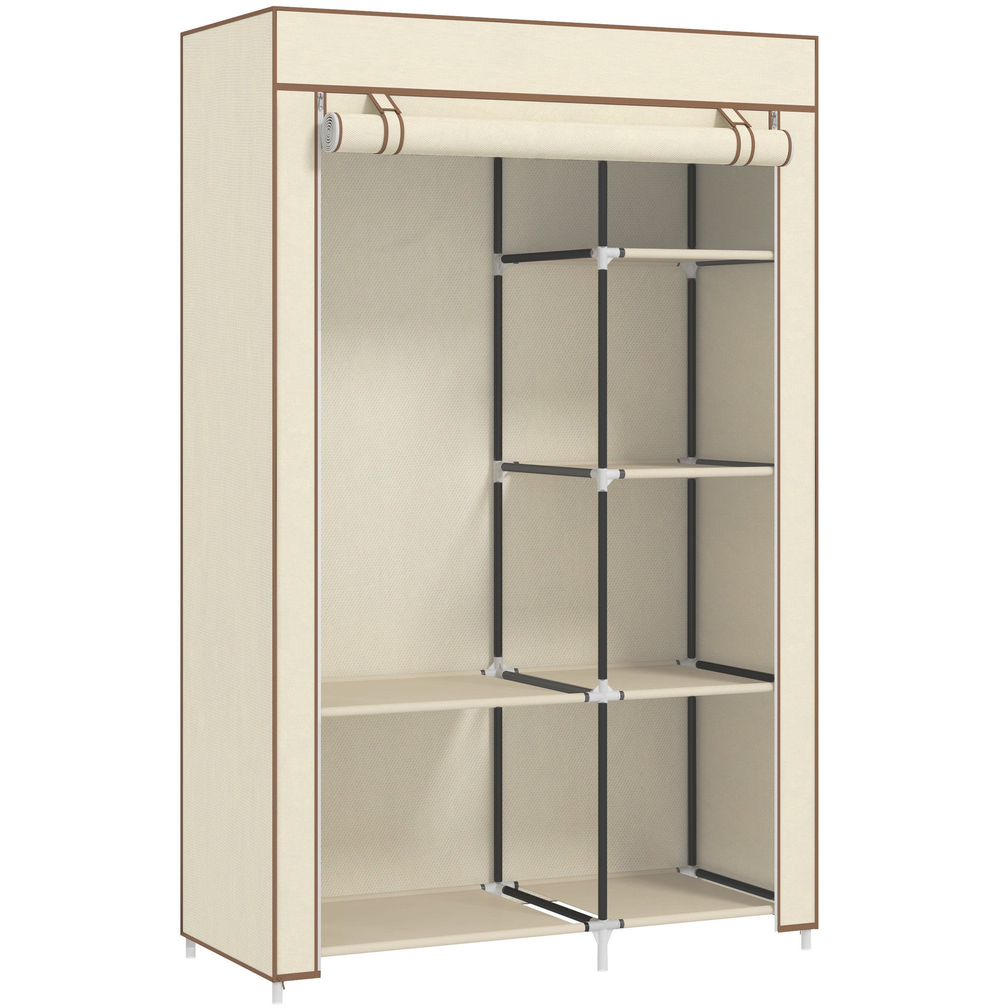 Portable Fabric Wardrobe with 6 Shelves and Hanging Rail - Cream White