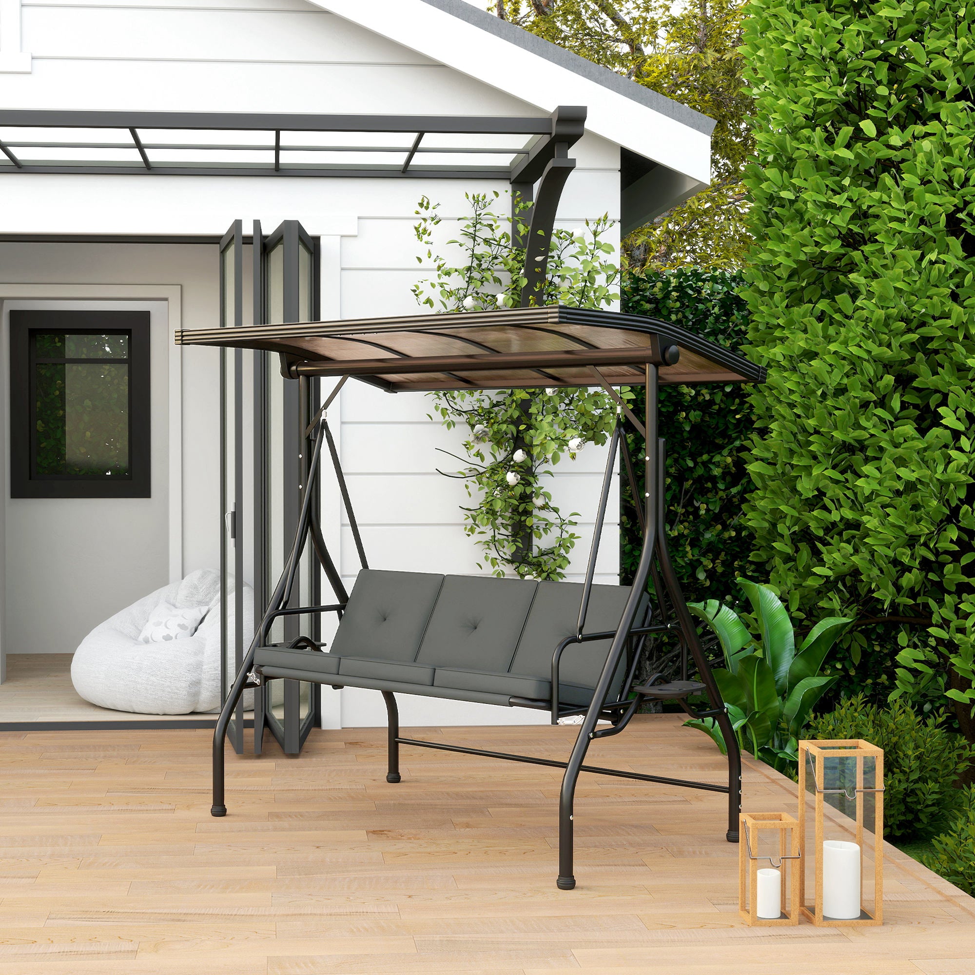 Convertible Three-Seater Swing Bench with Adjustable Canopy and Cup Trays - Dark Grey