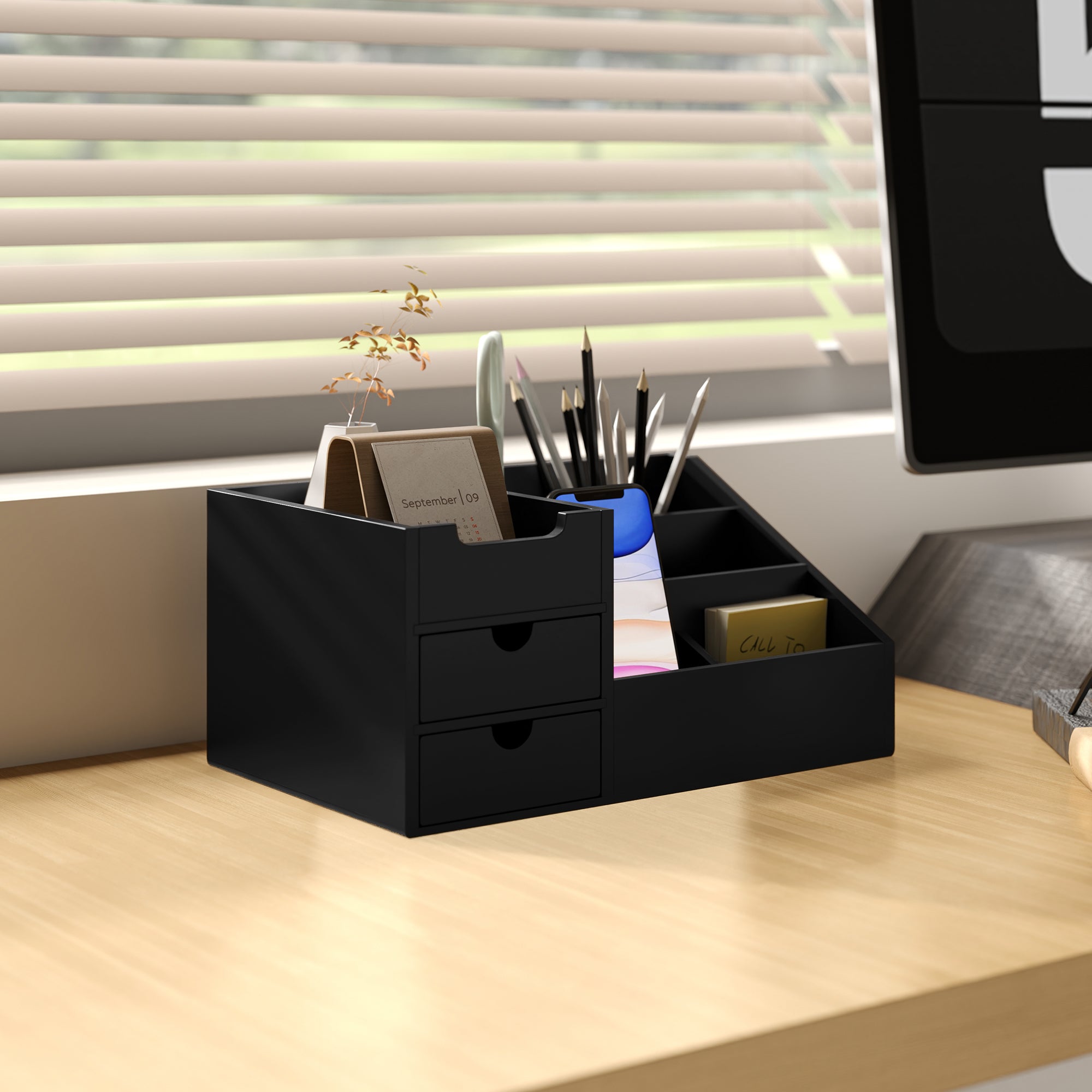 Bamboo Desk Organiser with 7 Compartments and 2 Drawers for Office Supplies - Black