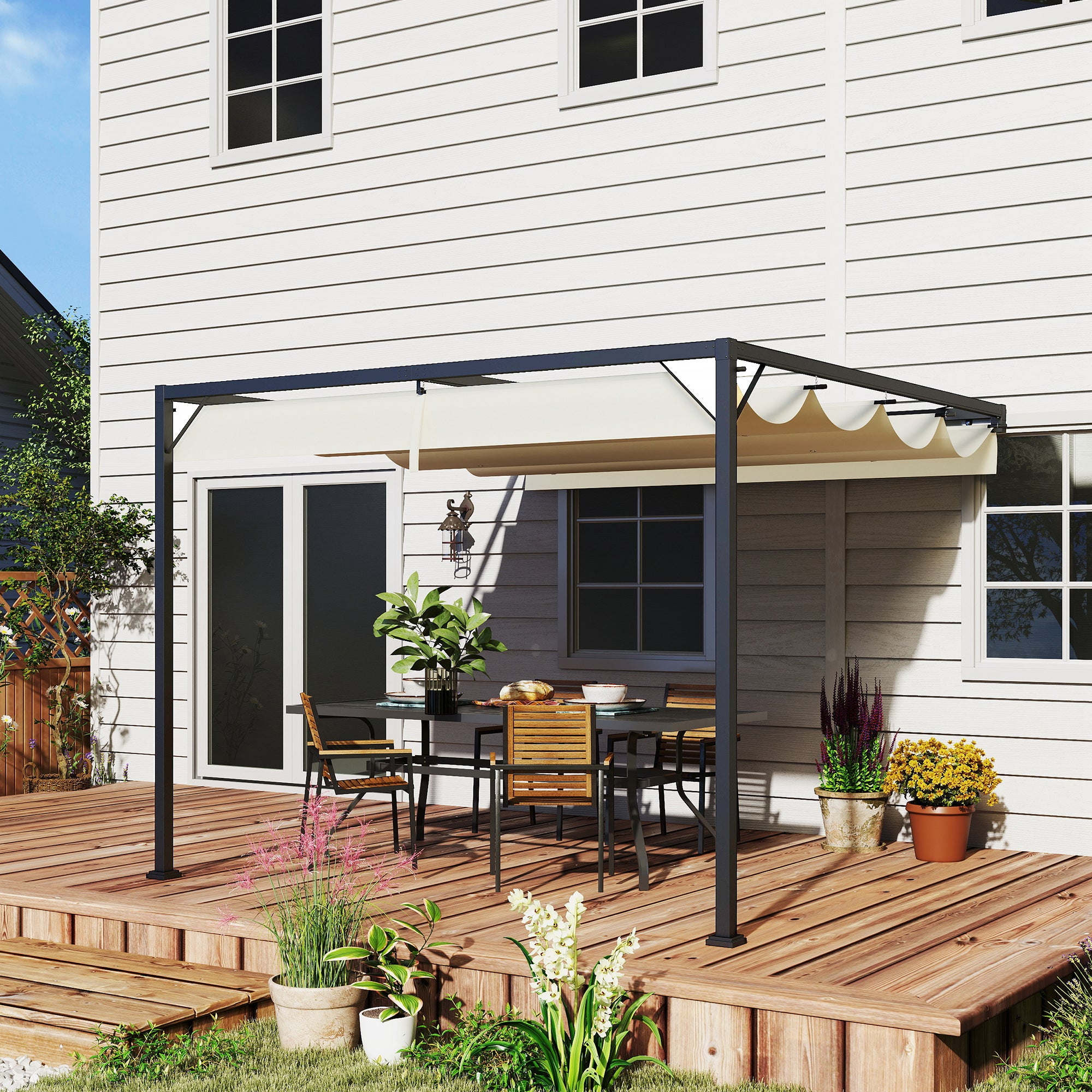 3 x 3 Metre Outdoor Pergola with Retractable Canopy - Cream White