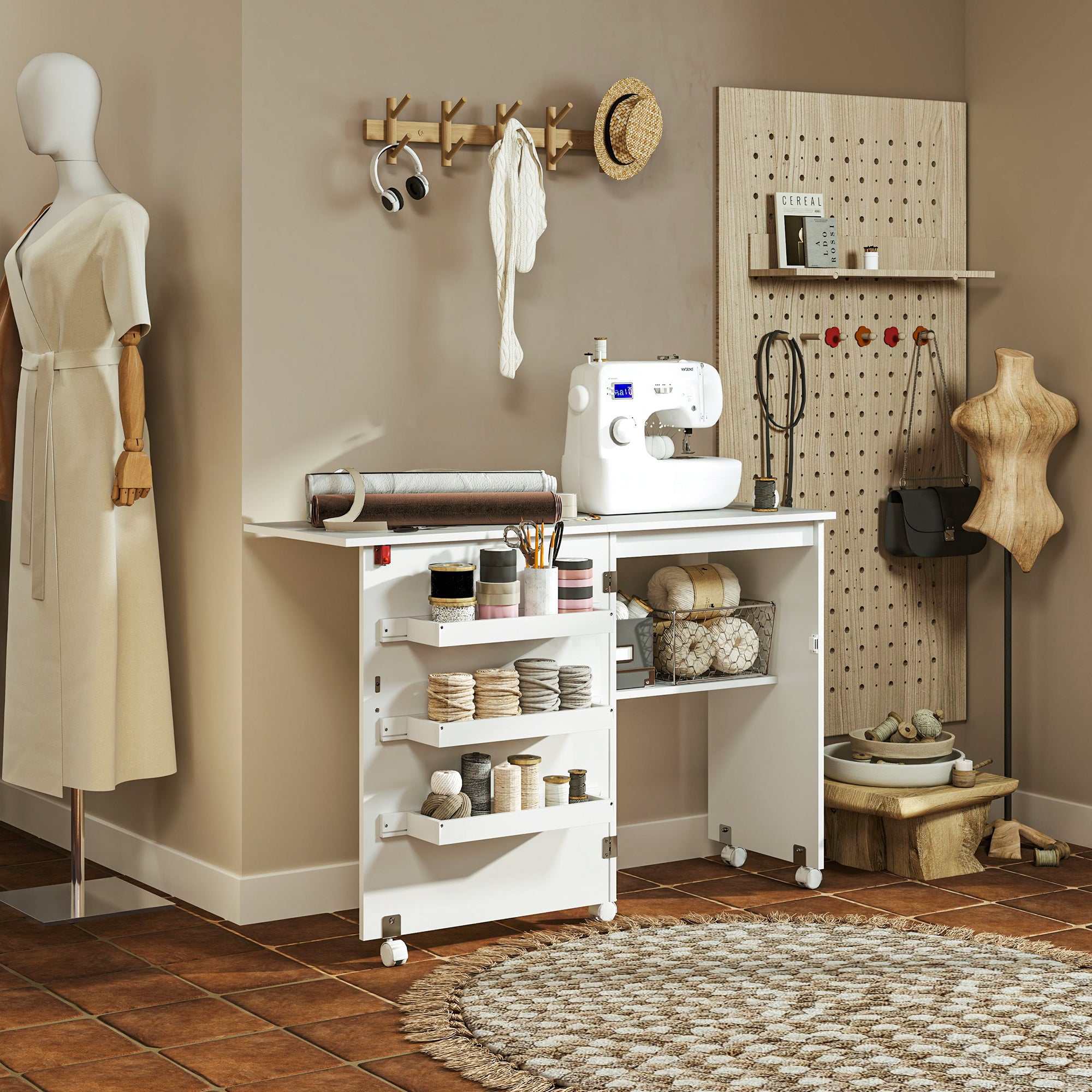 Folding Sewing Table with Drop Leaf, Storage Bins, Open Shelf & Wheels - White