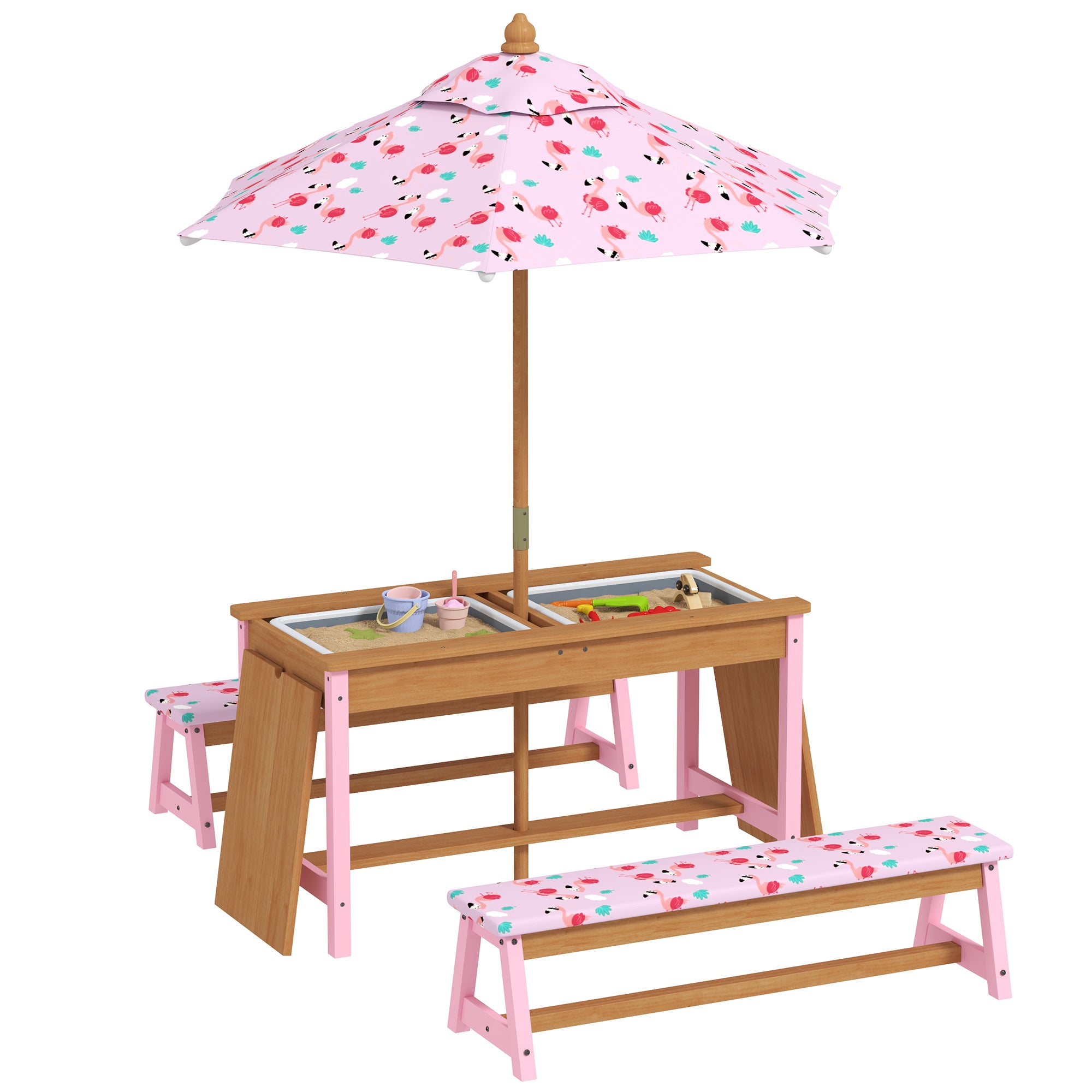 Kids Picnic Table Set with Foldable Umbrella, Cushions & Storage Boxes Flamingo Theme - Pink