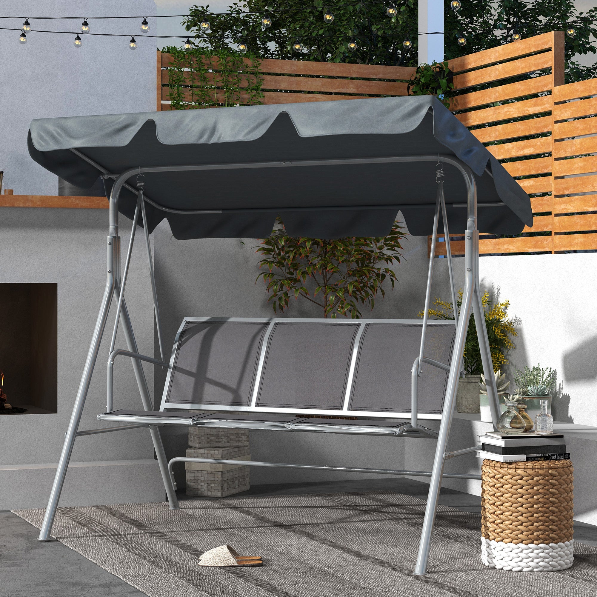 3 Seater Swing Chair, Garden Swing Bench with Adjustable Tilting Canopy, Breathable Mesh Seat and Heavy Duty Metal Frame for Patio, Garden, Dark Grey
