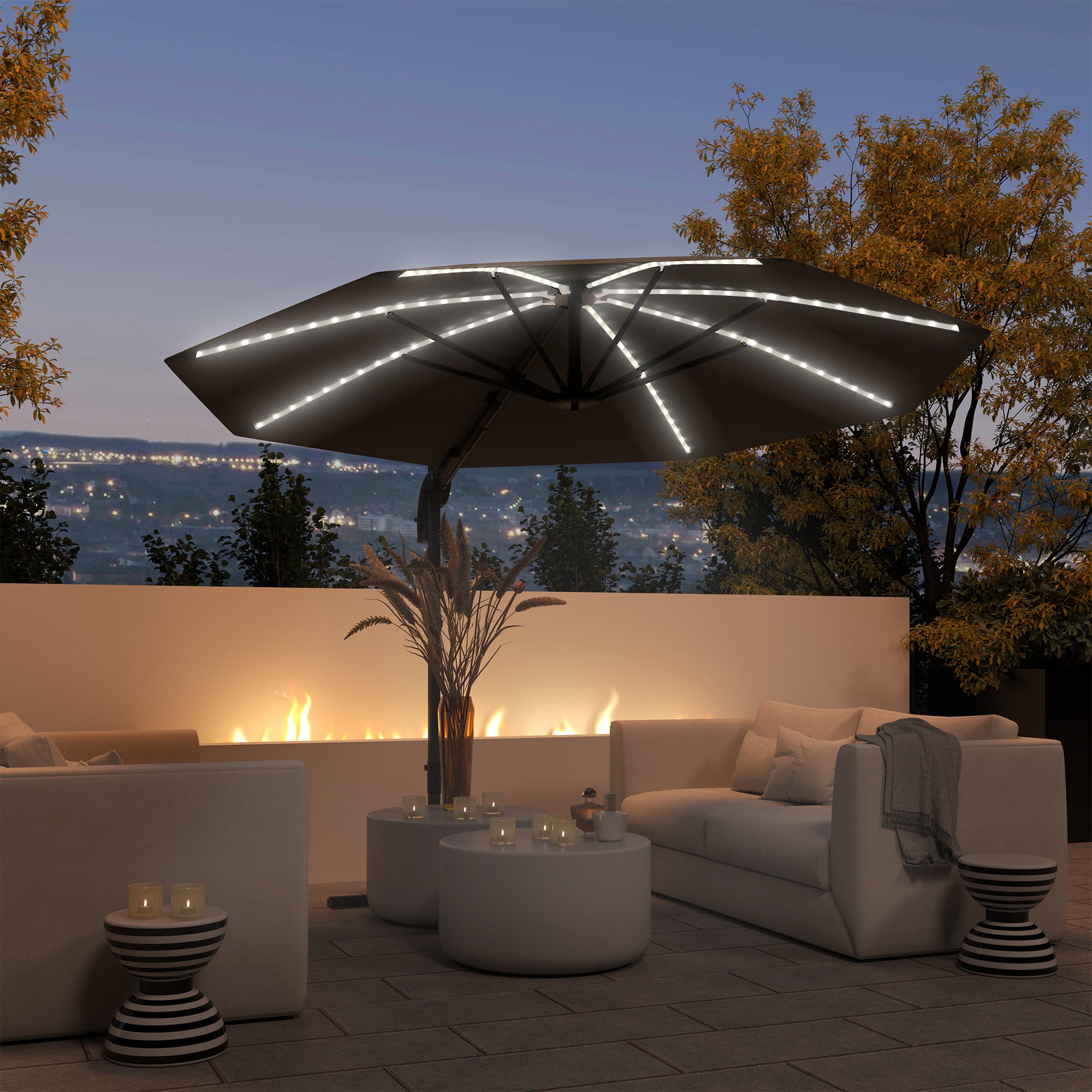 3 Metre Cantilever Garden Parasol with Solar Lights and Crank Handle - Dark Grey