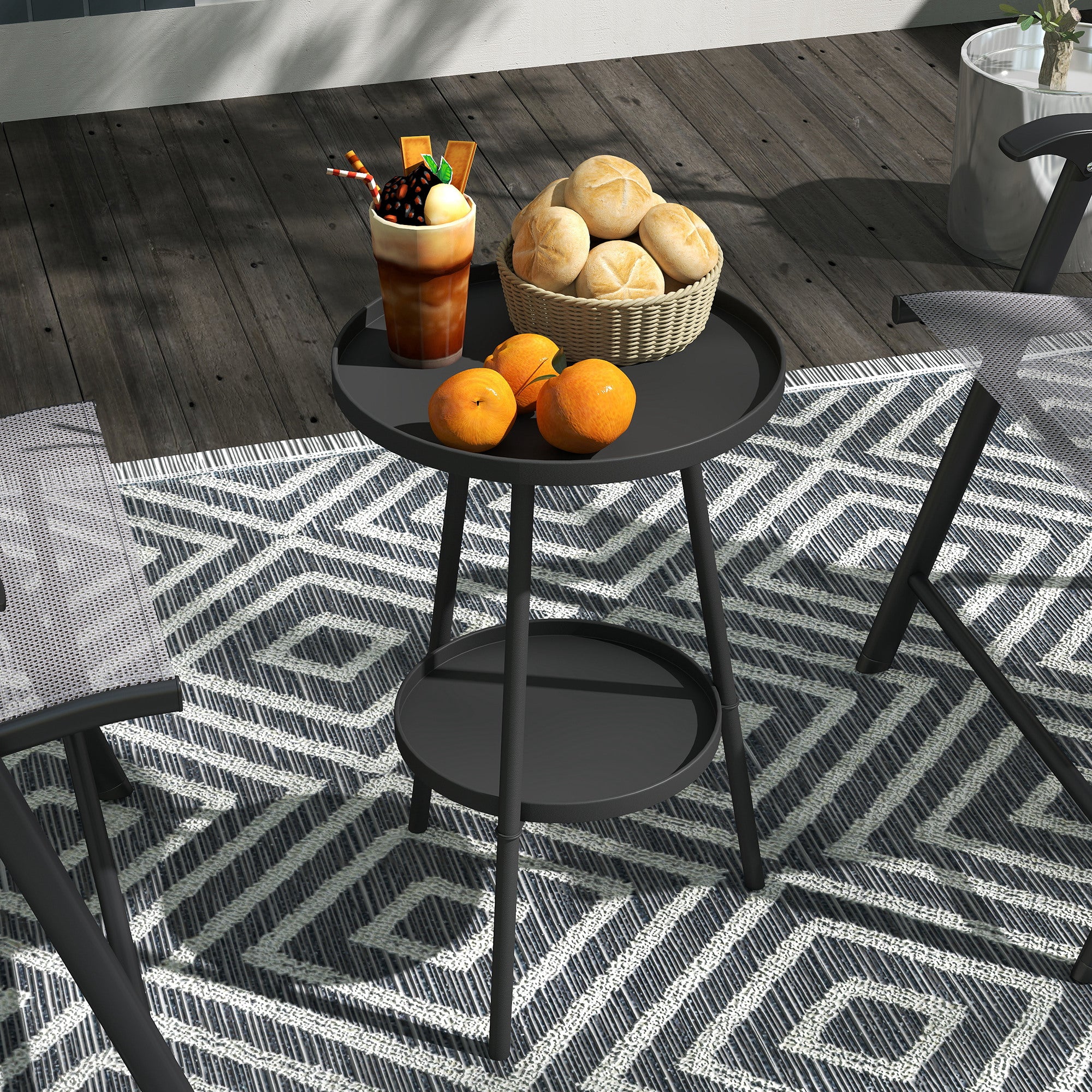 Round 2-Tier Metal Garden Side Table for Patio Deck Balcony - Black