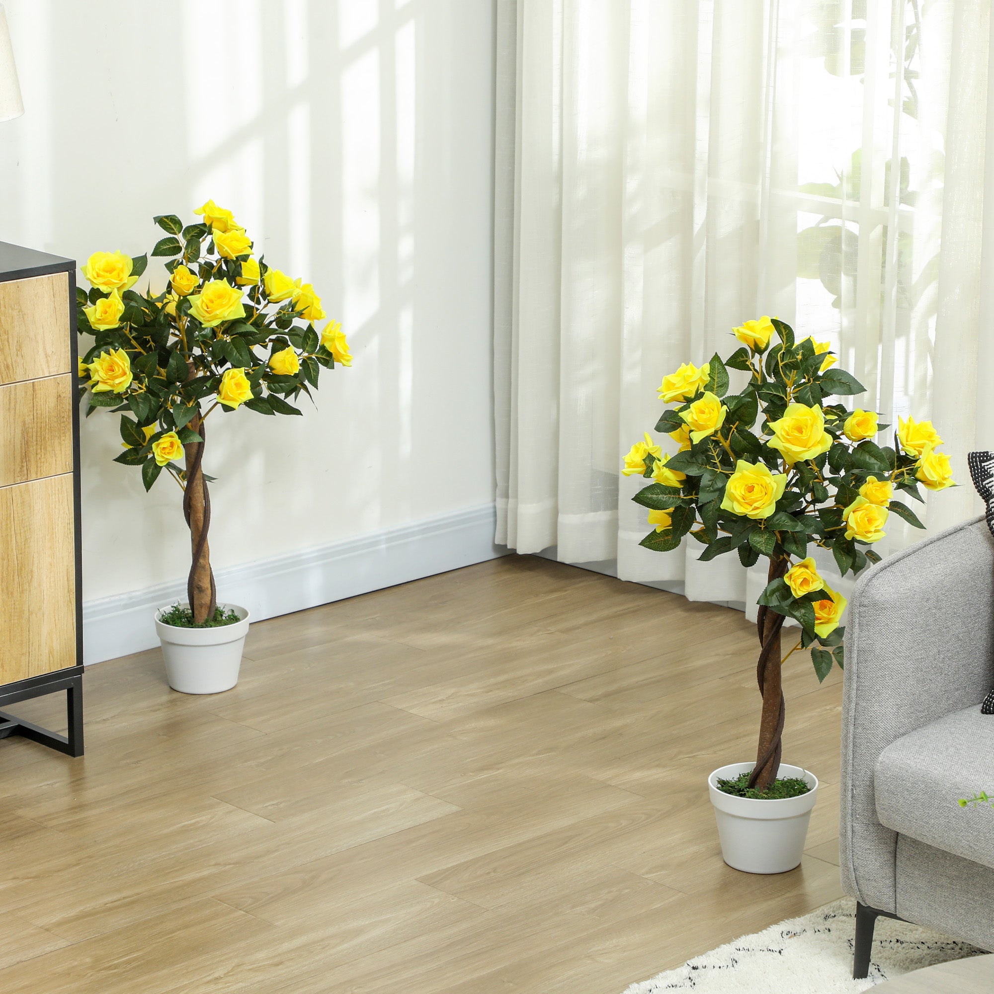 Set of 2 Artificial Plants White Rose Floral in Pot, Fake Plants for Home Indoor Outdoor Decor, 90cm, Yellow