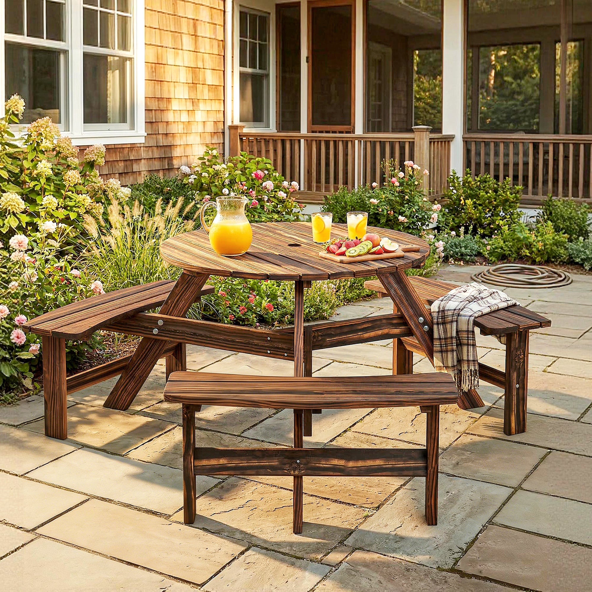 Wooden Garden Dining Set, 6 Seater Round Dining Picnic Table with Matching Bench, Garden Furniture Set with Parasol Hole for Outdoor Patio Party and Family Gatherings, Carbonized