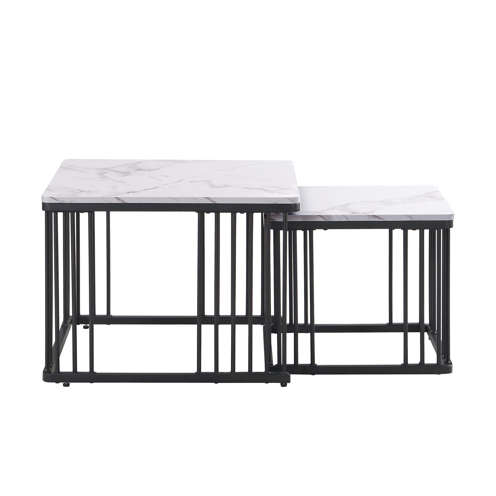 2 Piece High Gloss Nesting Coffee Table Set with Marble Pattern, Square Side Tables with Metal Frame, 60L x 60W x 45H cm, White+Black