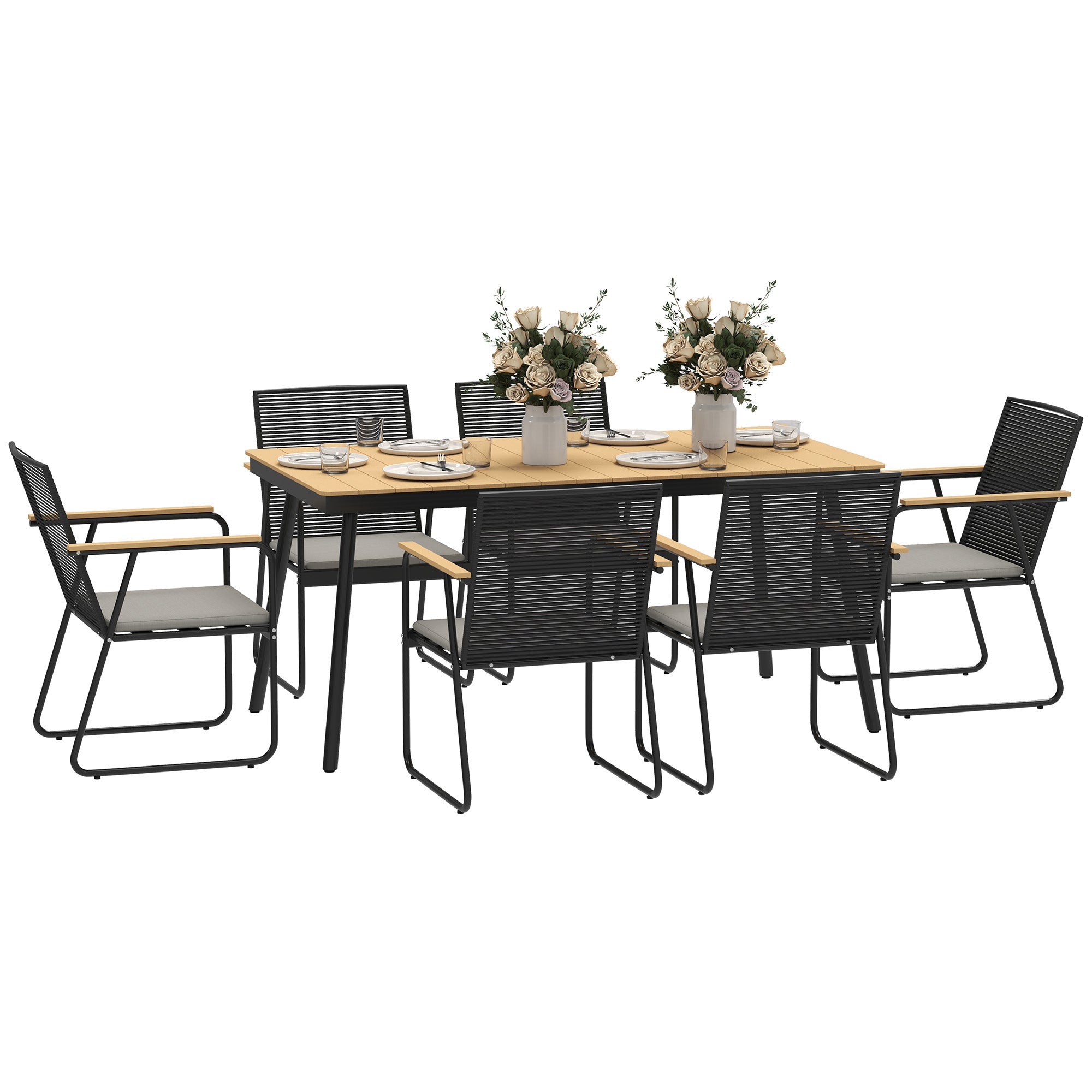 6 Seater Garden Dining Set with Cushions and Weatherproof Table - Nature Wood Finish