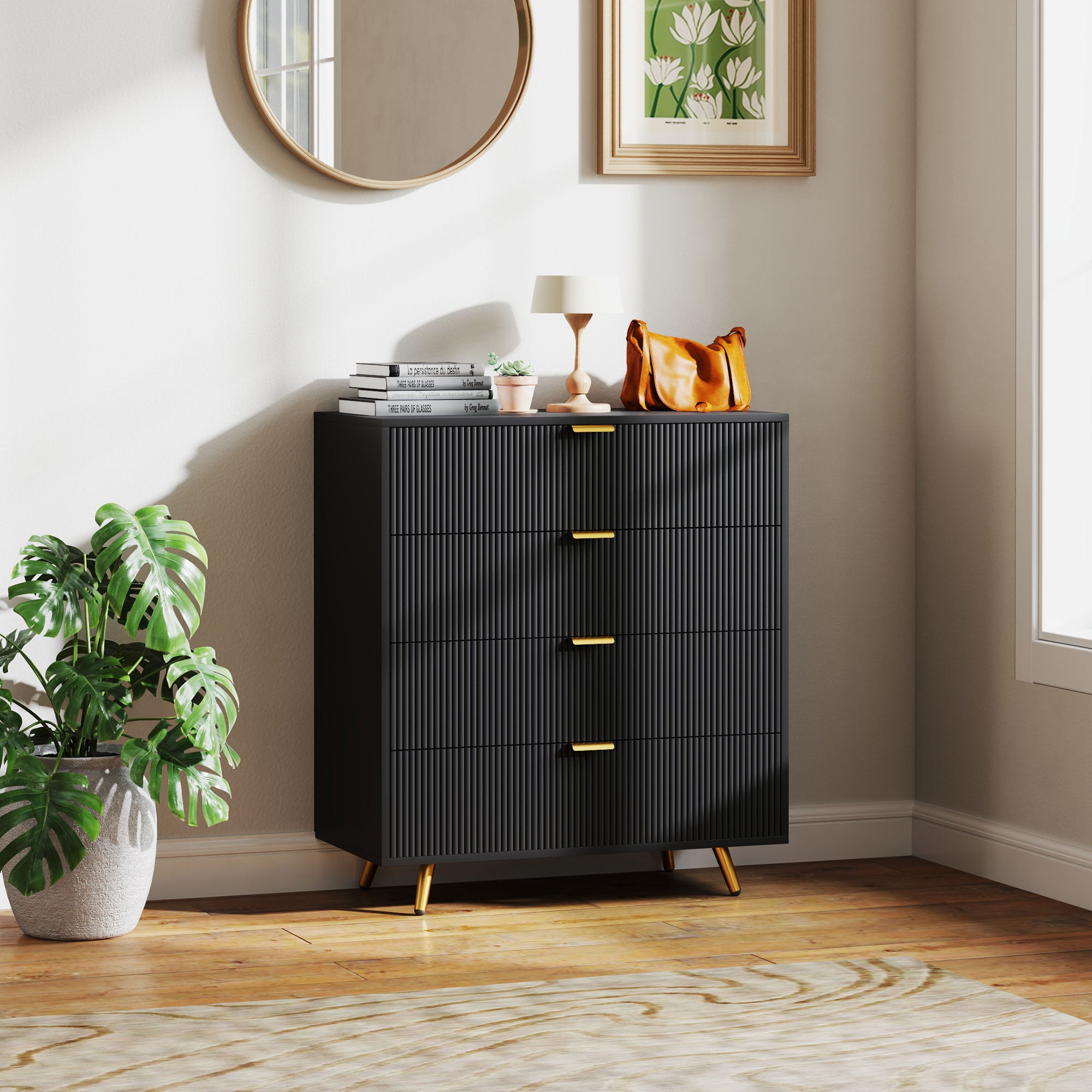 Elegant Four-Drawer Bedside Table with Gold Handles - Black