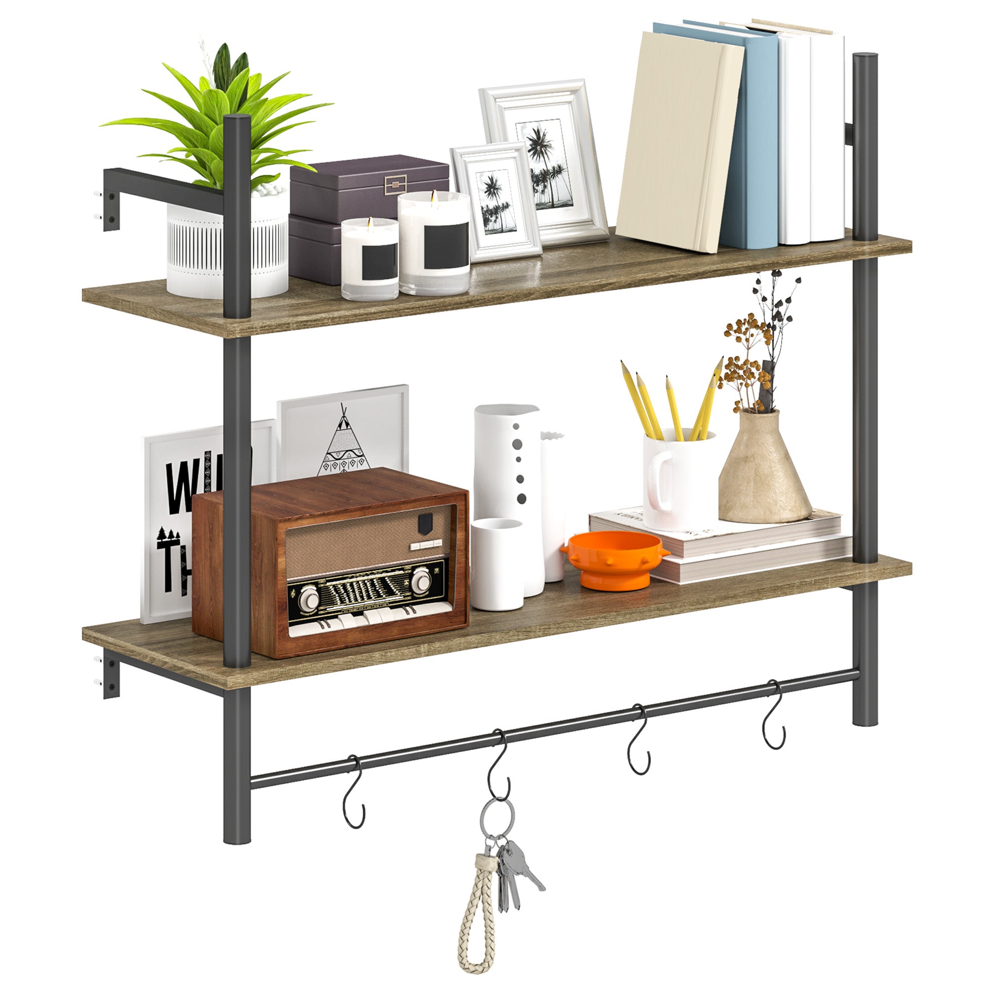 Wall Mounted Floating Shelves with 4 Hooks, Rustic Wall Shelf Unit for Living Room, Entryway, Grey