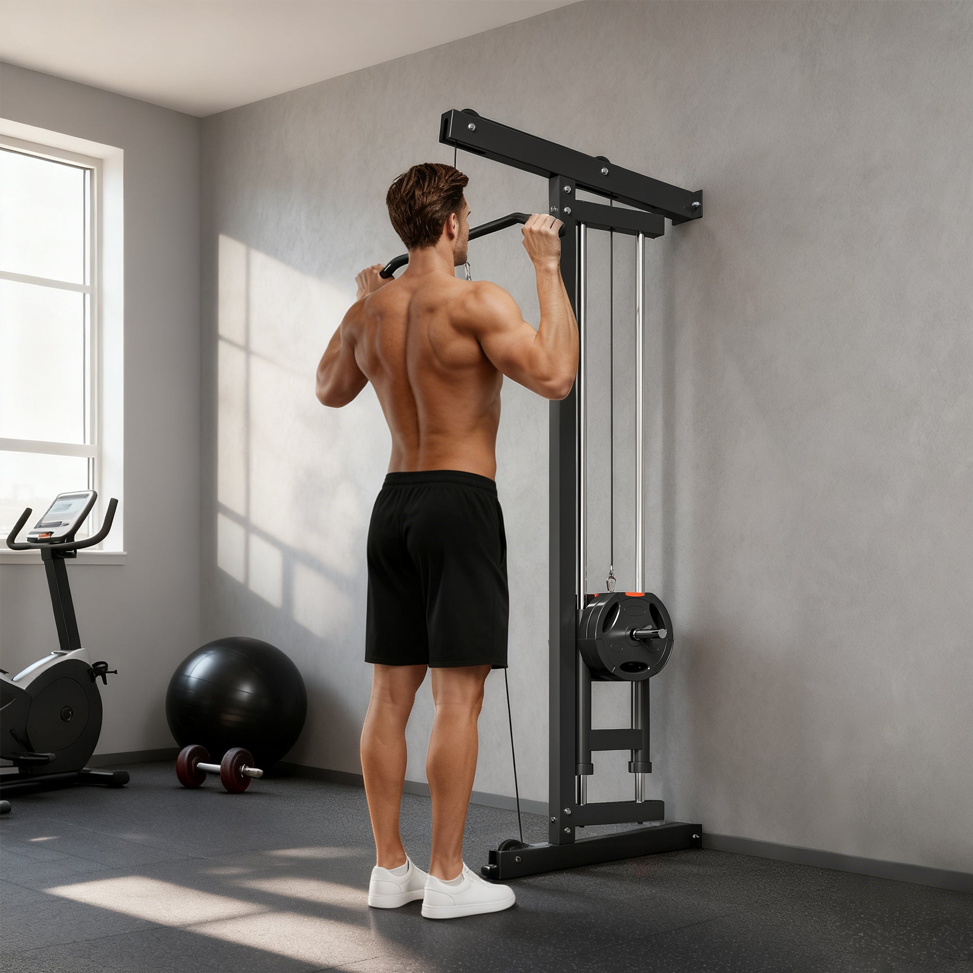 Wall Mounted Lat Pull Down Machine, Crossover Cable Machine with High & Low Pulleys for Home Gym Full Body Workout
