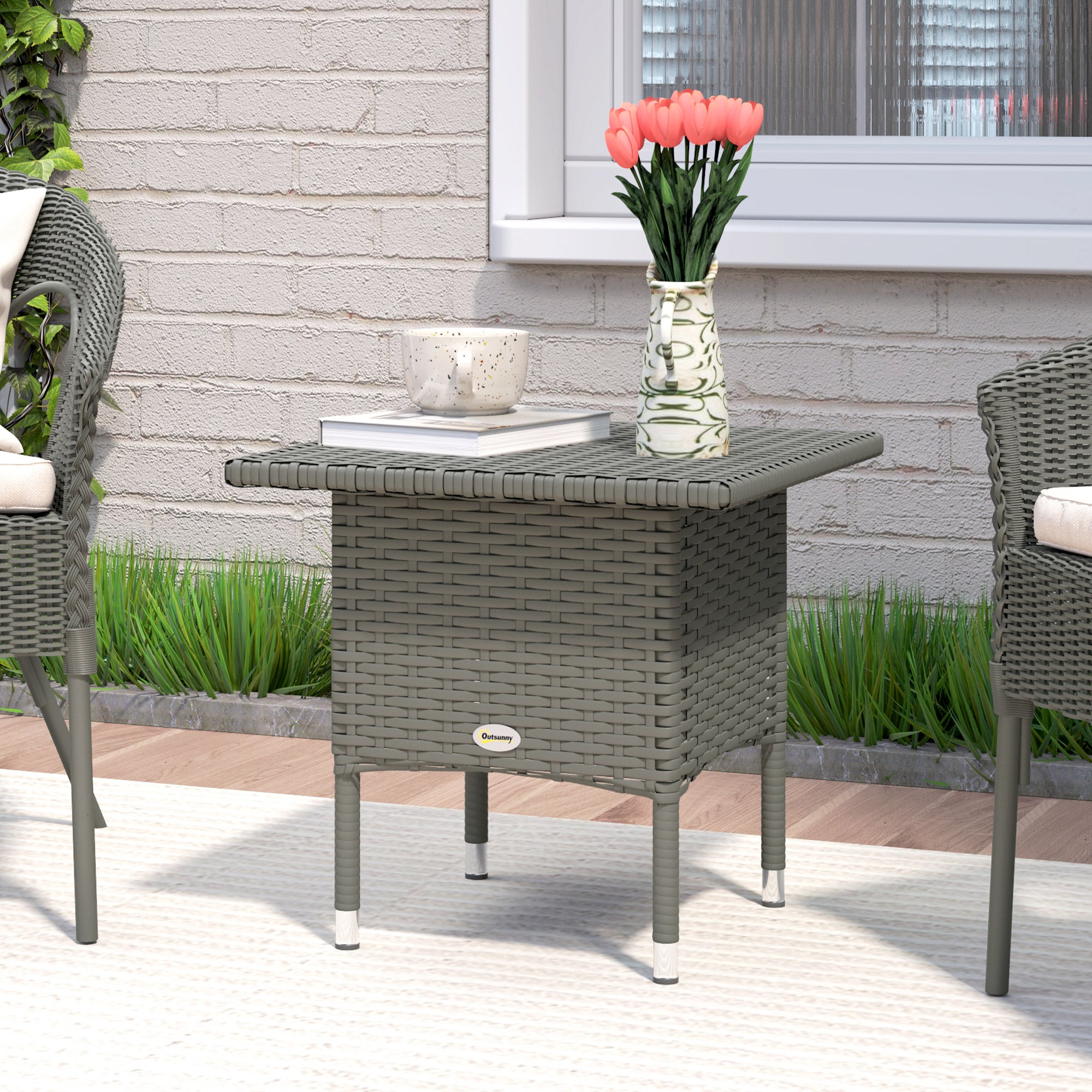 Rattan Outdoor Side Table with Durable Plastic Top - Grey