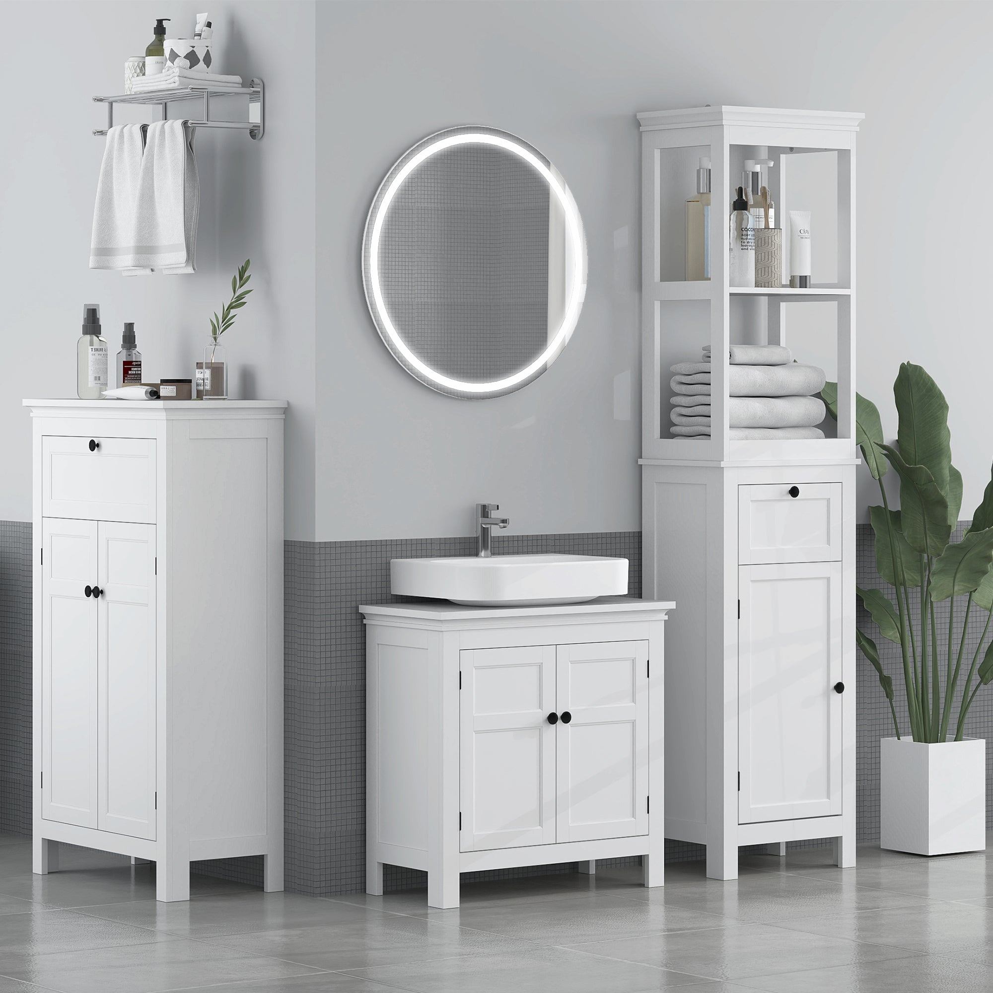 Tall Slim Bathroom Storage Cabinet with Soft Close Door, Drawer & Adjustable Shelf - White