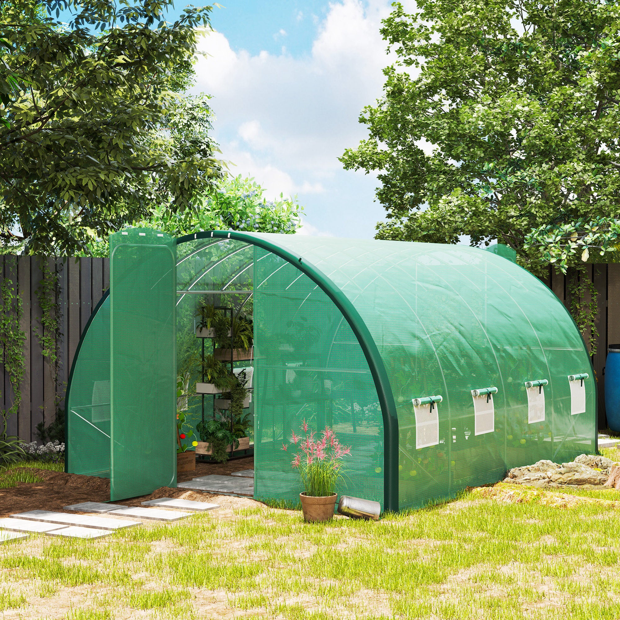 4 x 3 Metre Polytunnel Greenhouse Set with Windows and Doors - Green