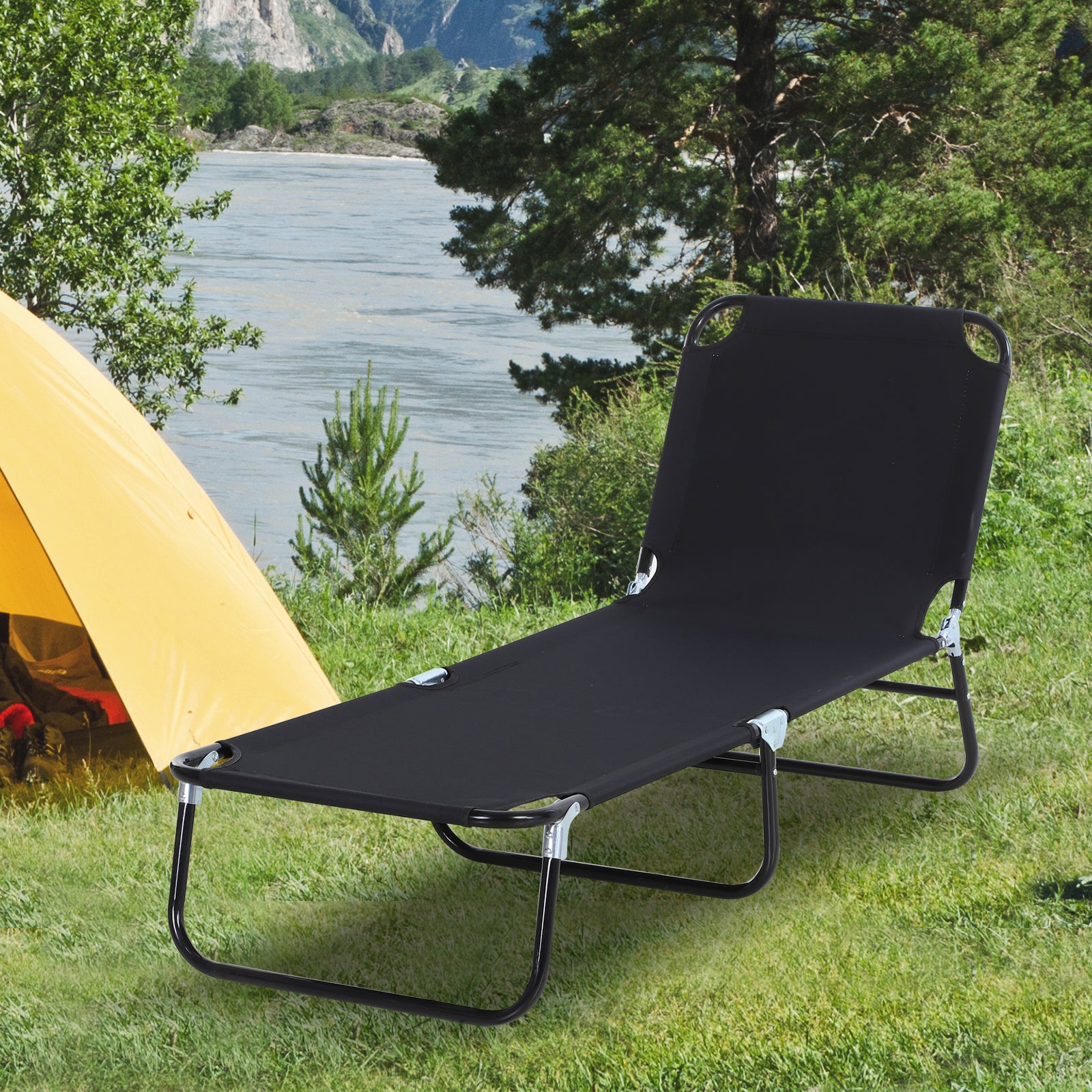 Foldable Outdoor Sun Lounger with 5-Position Adjustable Backrest and Breathable Mesh - Black
