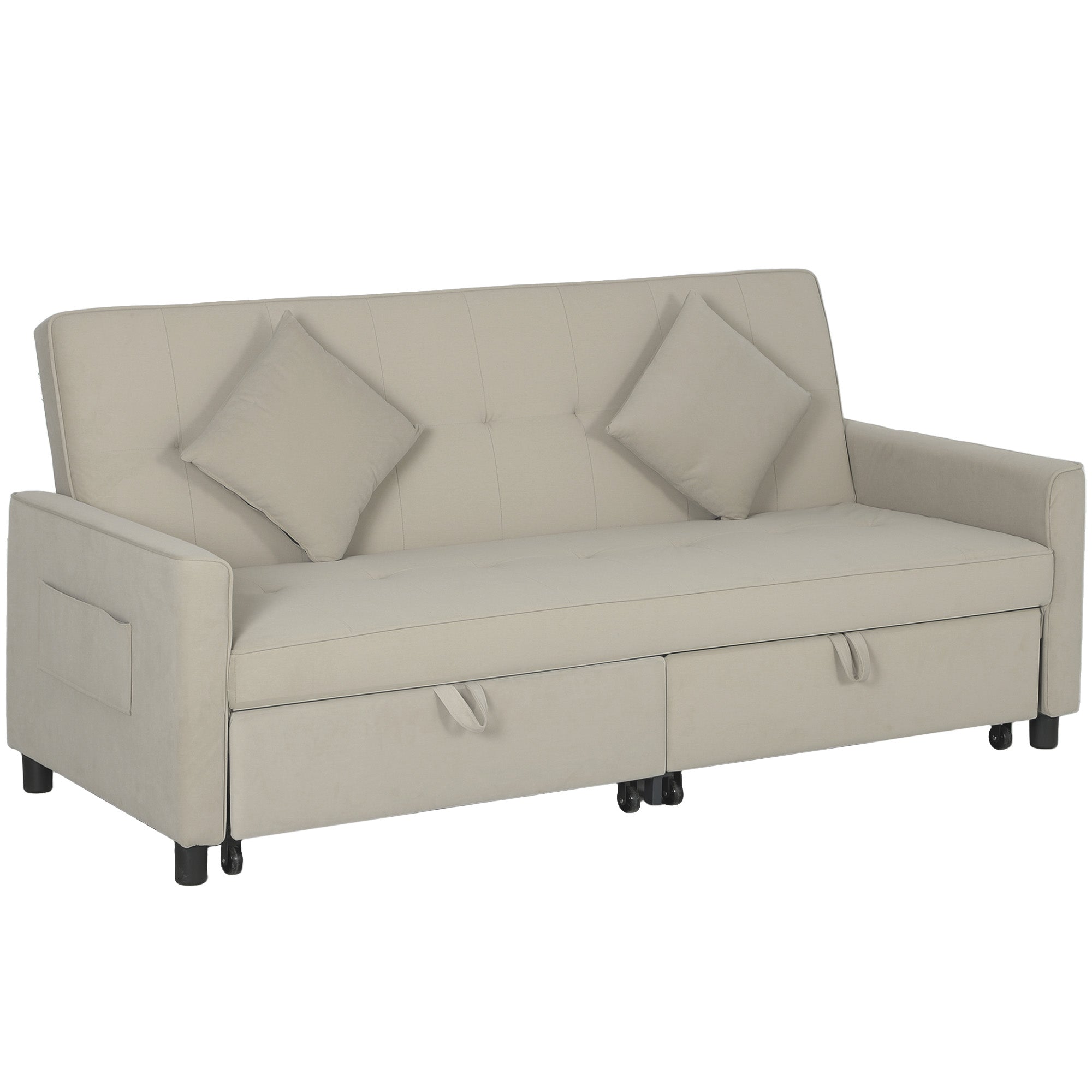 Three-Person Velvet-Feel Sofa Bed with Adjustable Backrest - Beige