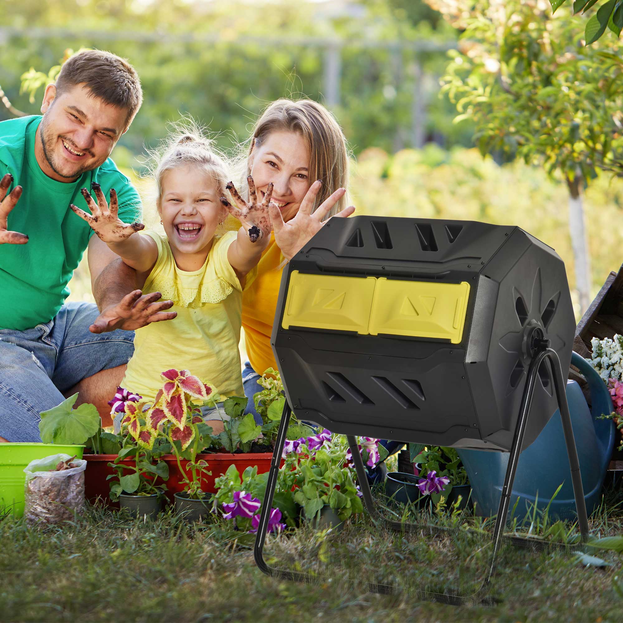 160L Dual Chamber Compost Bin with 360 Degree Rotation - Yellow