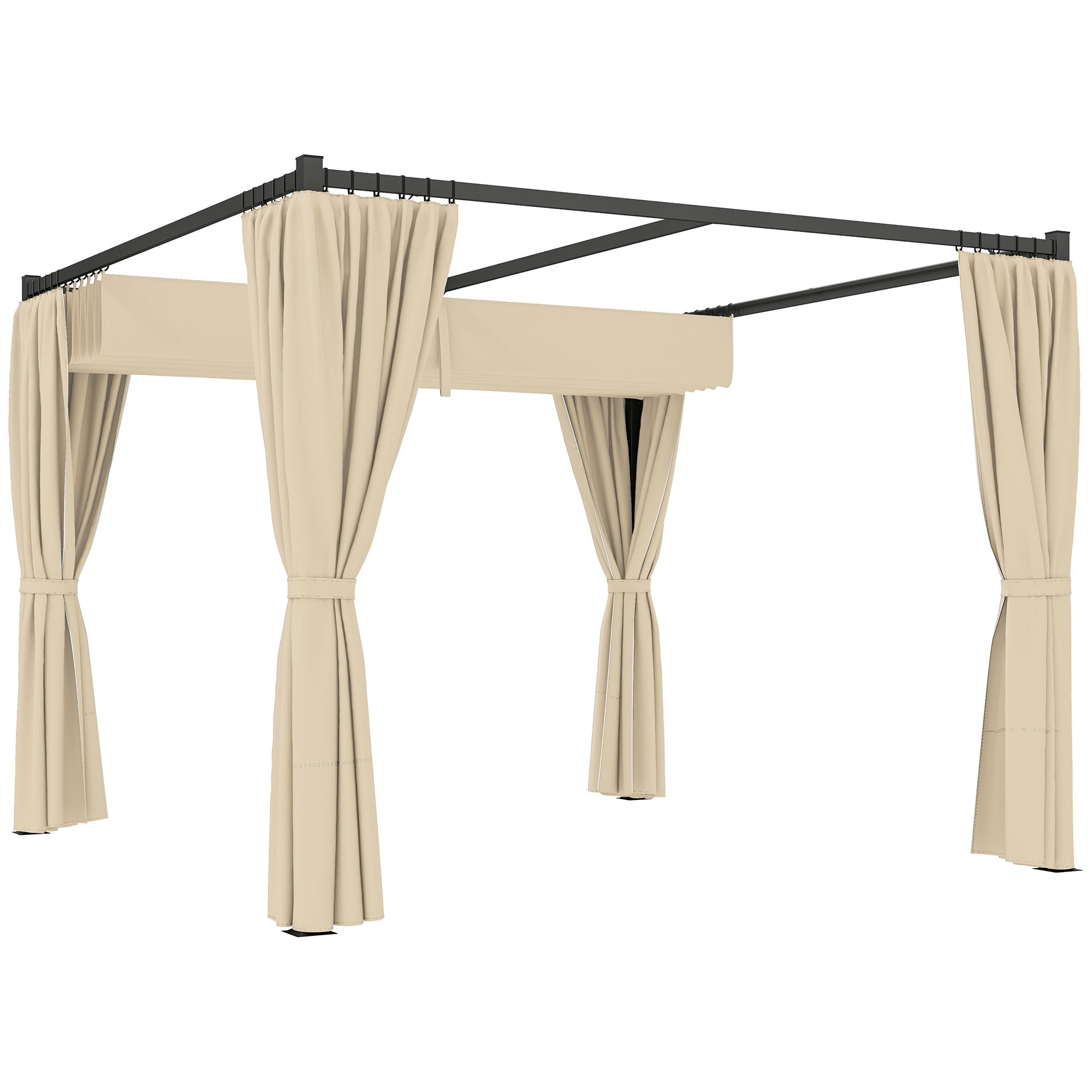 3 x 3m Retractable Roof Pergola with Curtains and Metal Frame - Khaki