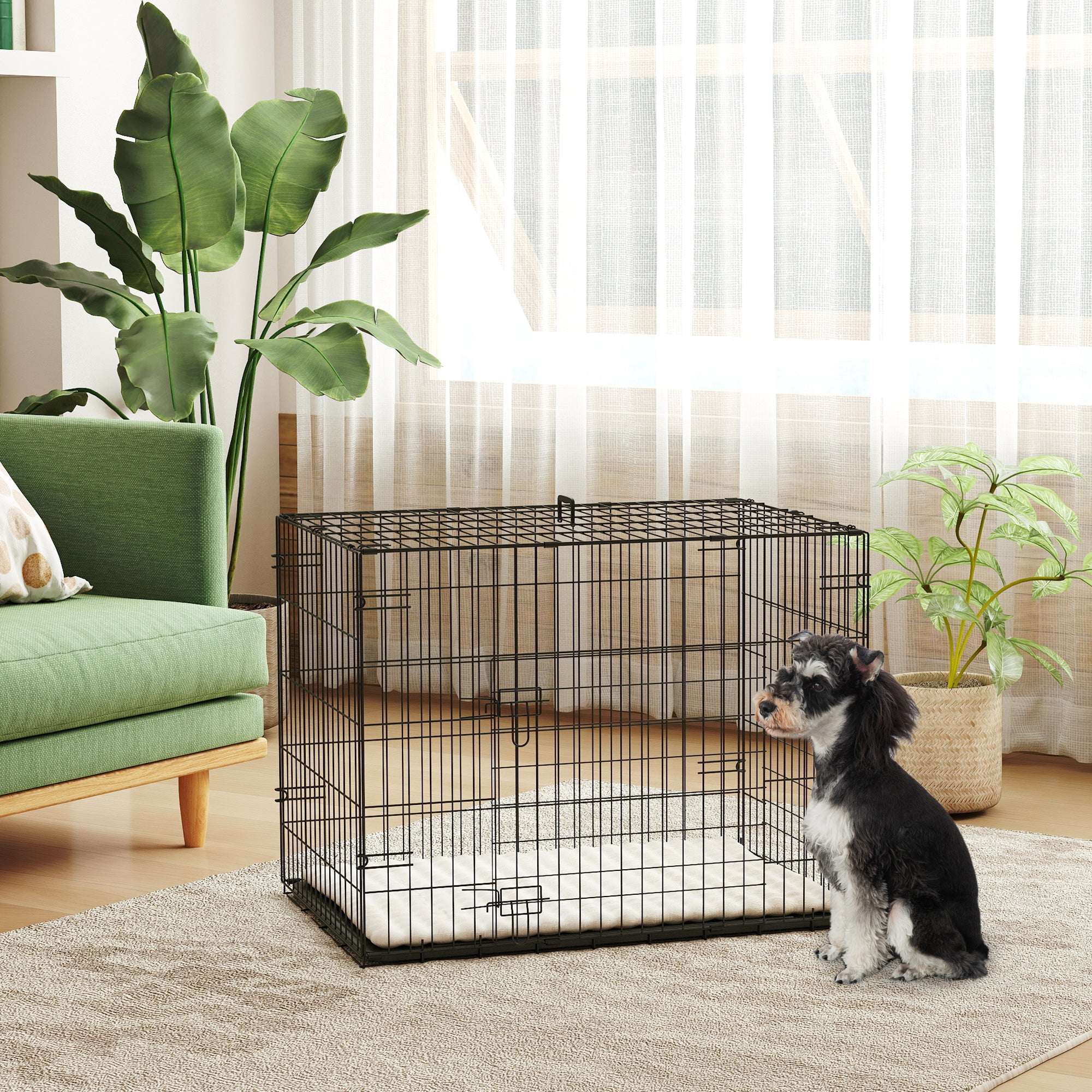 Foldable Small Dog Crate with 2 Doors, Tray & Cushion, 76x53x60 cm - Black