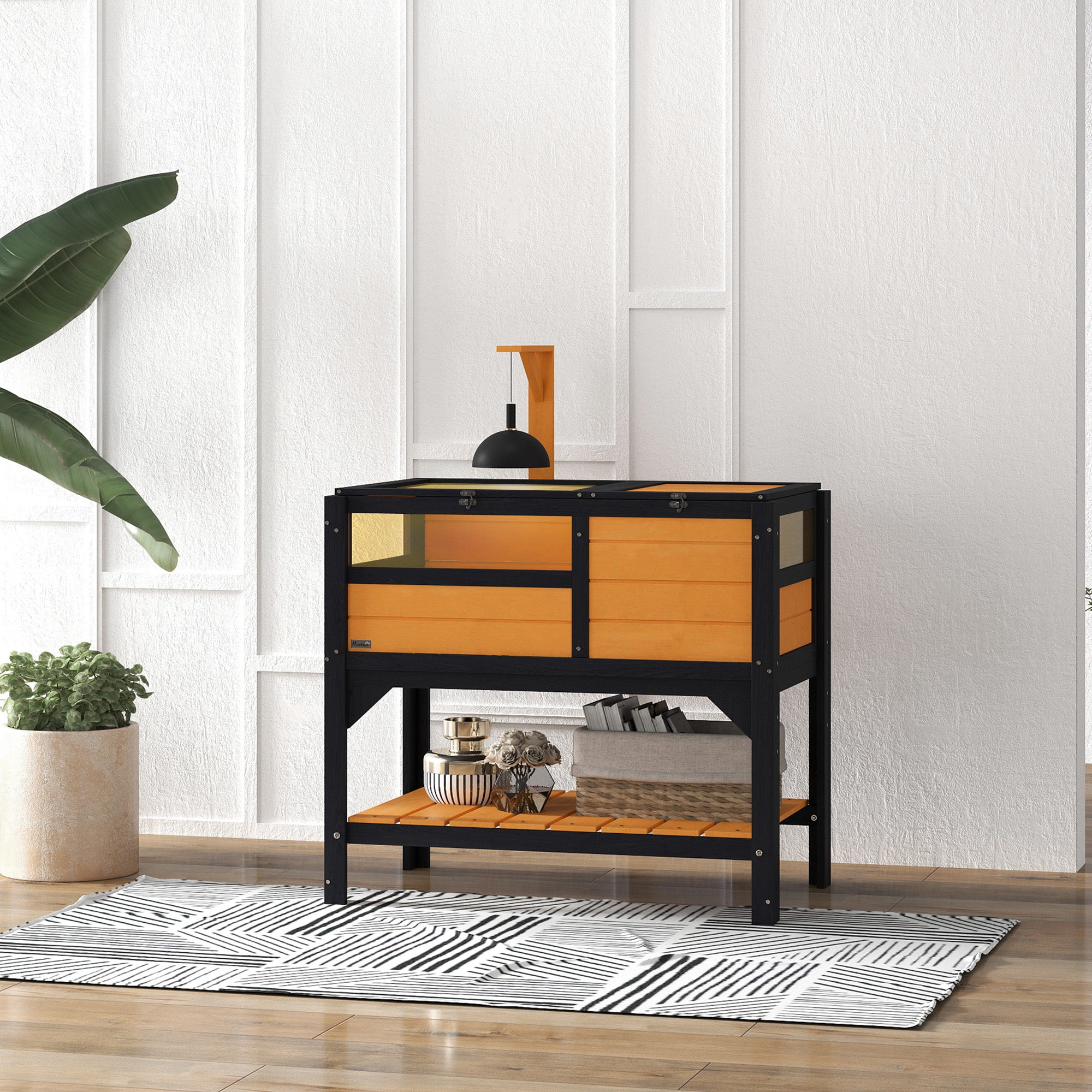 Wooden Tortoise House with Shelter, Run, Shelf, Lamp Holder & Tray - Yellow