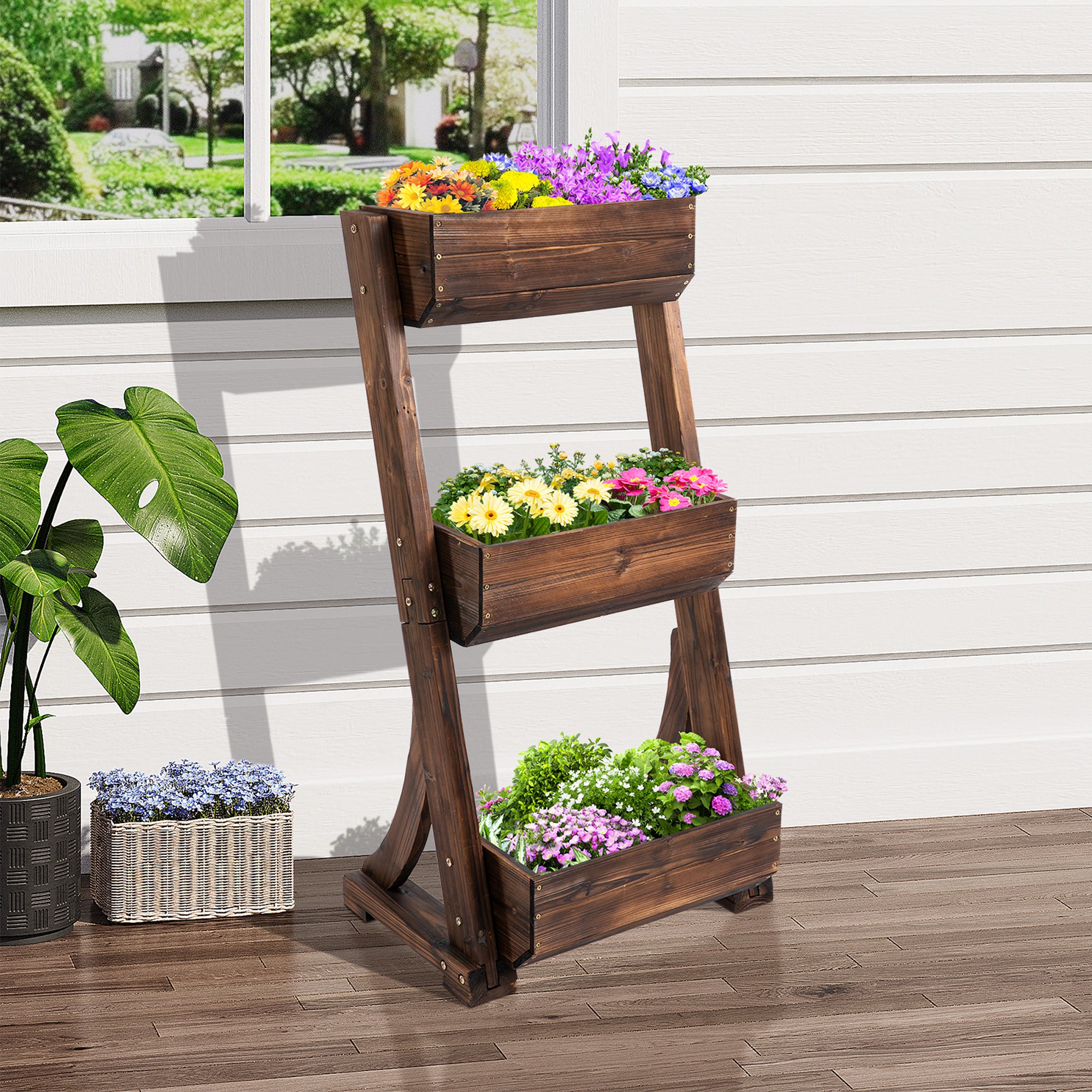 3-Tier Raised Garden Bed Freestanding Outdoor Wooden Flower Rack Vertical Flower Pot Stands, 61 x 48 x 118 cm