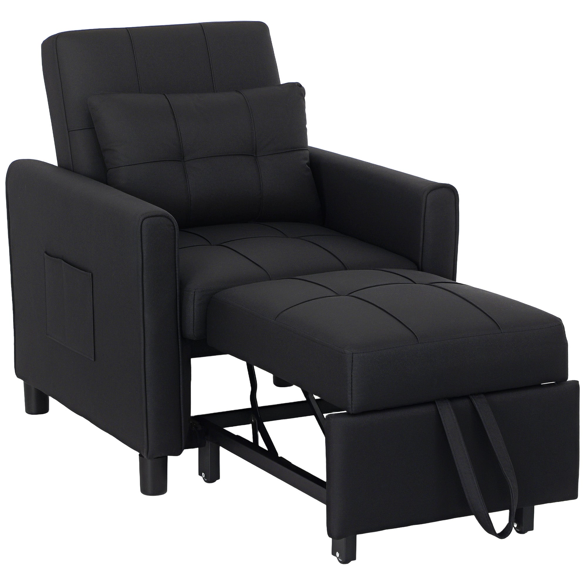 Linen-Look Single Chair Bed with Adjustable Backrest and Pillow - Black