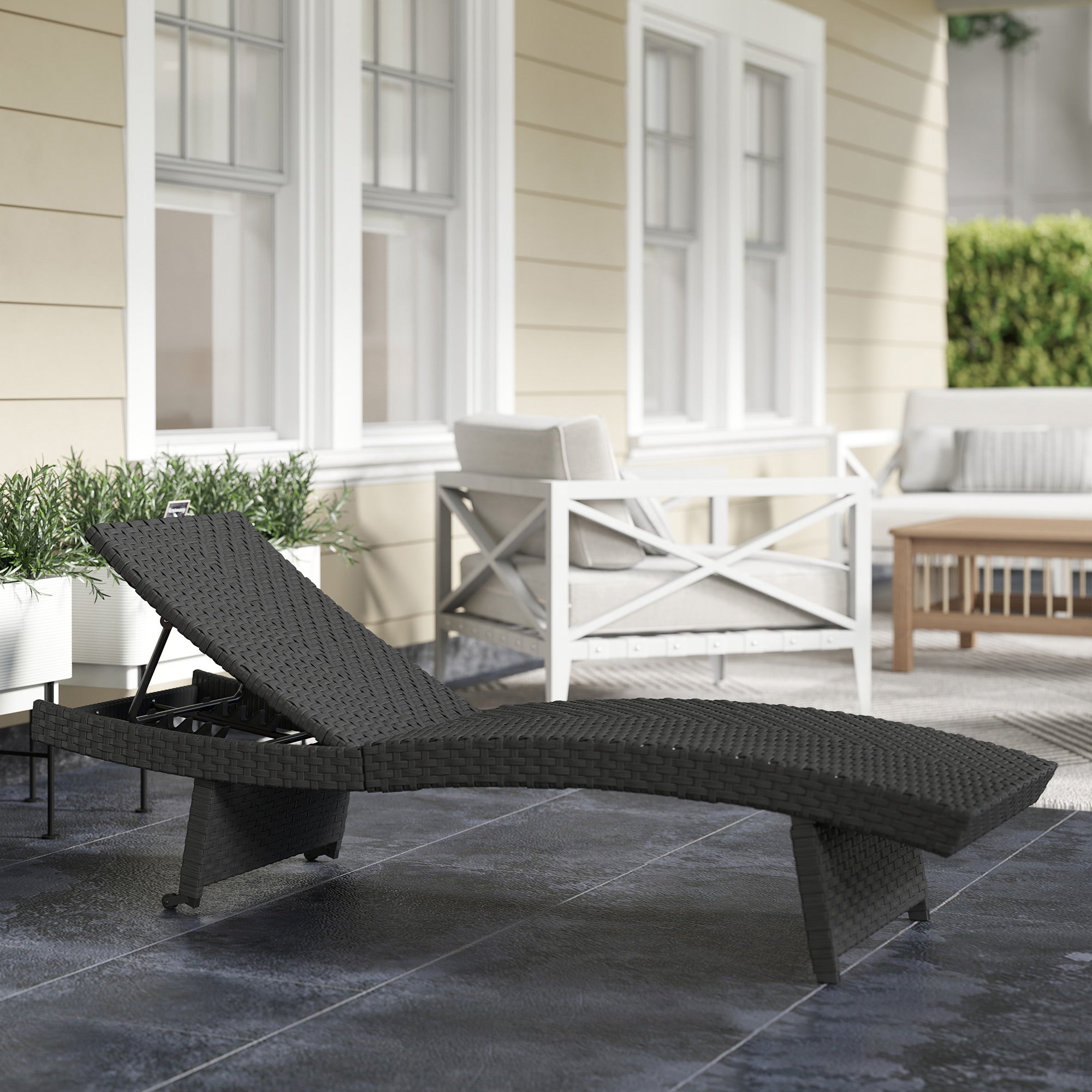 Outdoor PE Rattan Sun Lounger with Wheels - Black