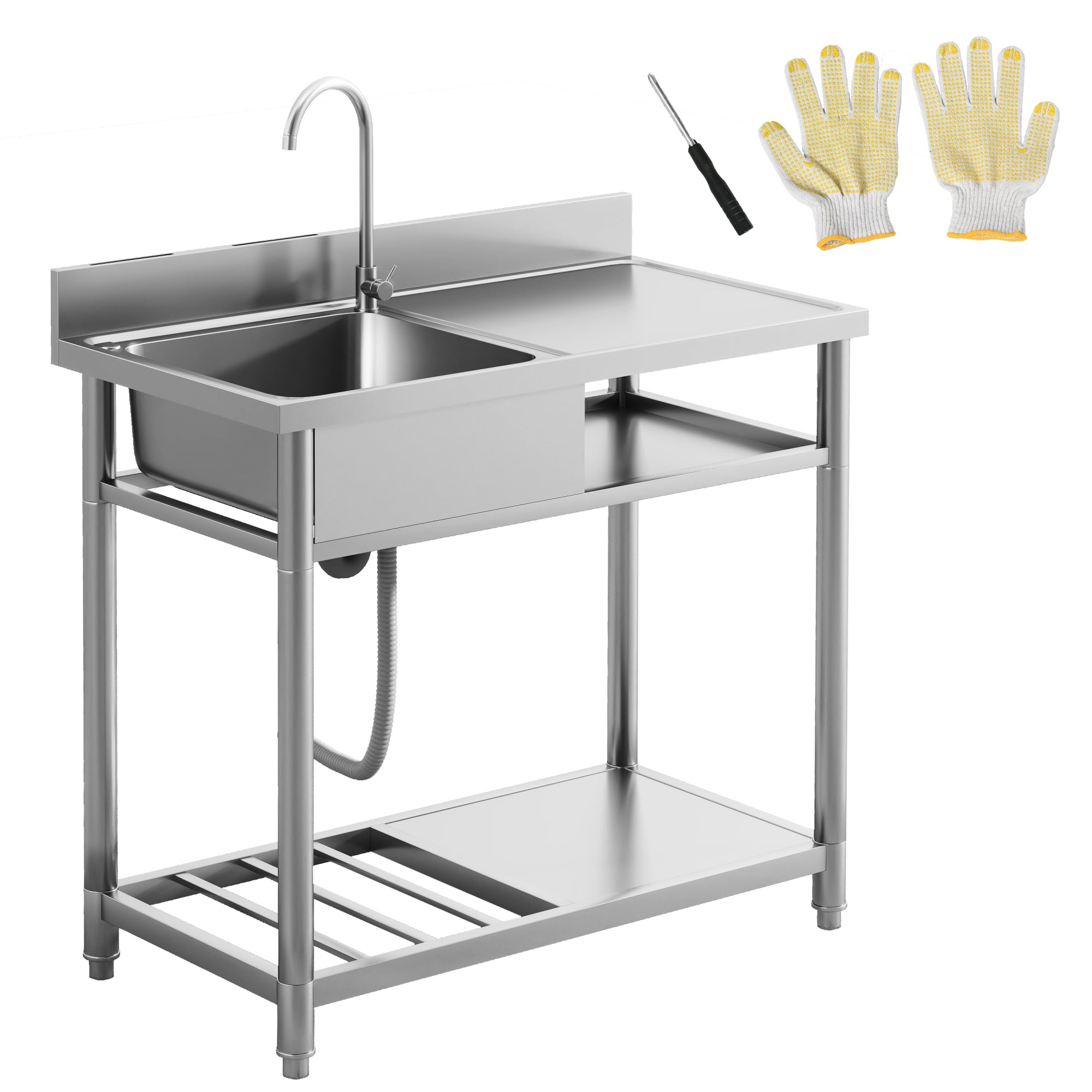 Freestanding Outdoor Stainless Steel Kitchen Sink with Single Bowl, Hot & Cold Water Pipes and Storage Shelves - Silver