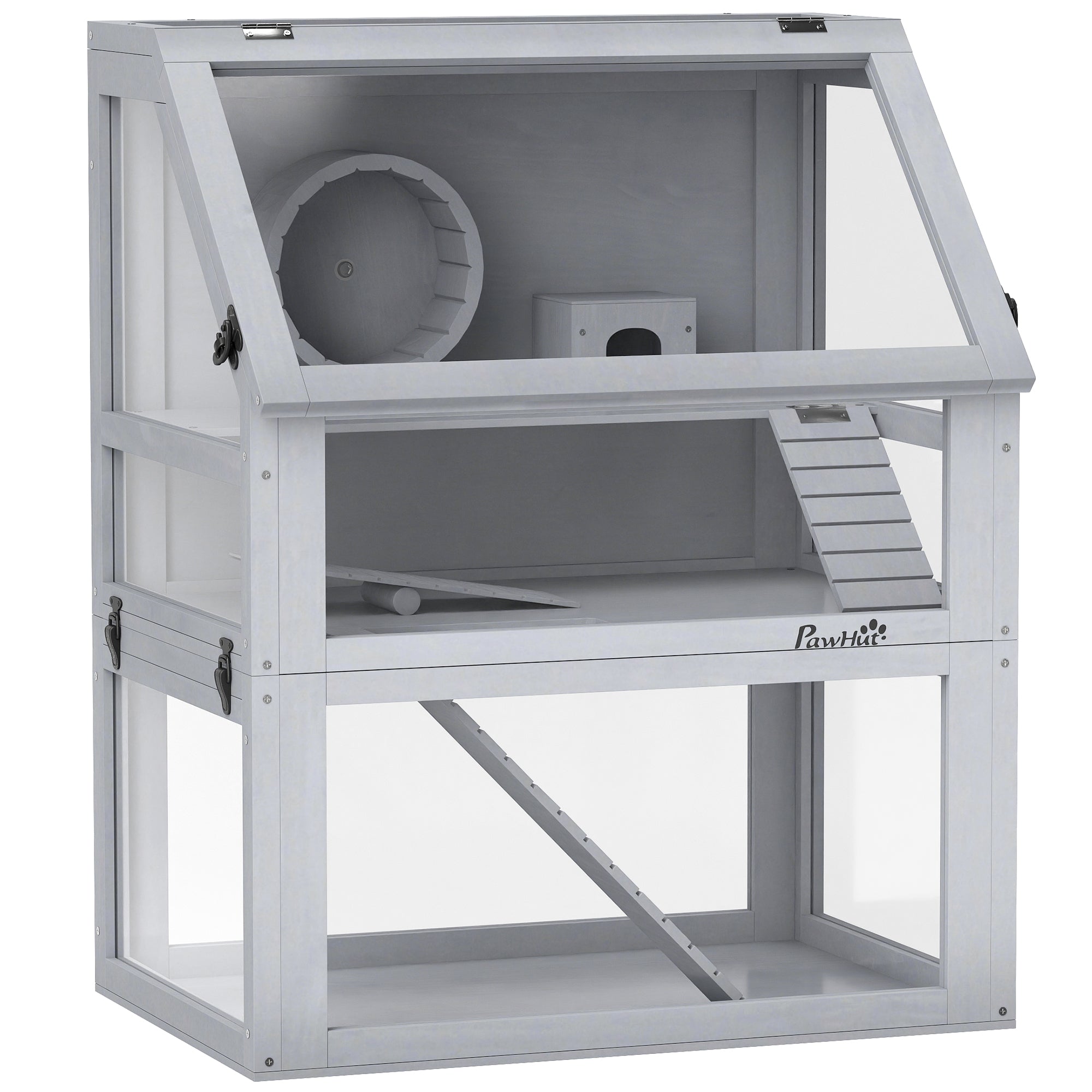 Wooden Hamster Cage with Detachable 32cm Deep Bottom, Hut, Seesaw, Exercise Wheel, Ramp, 60 x 40 x 75cm, Light Grey