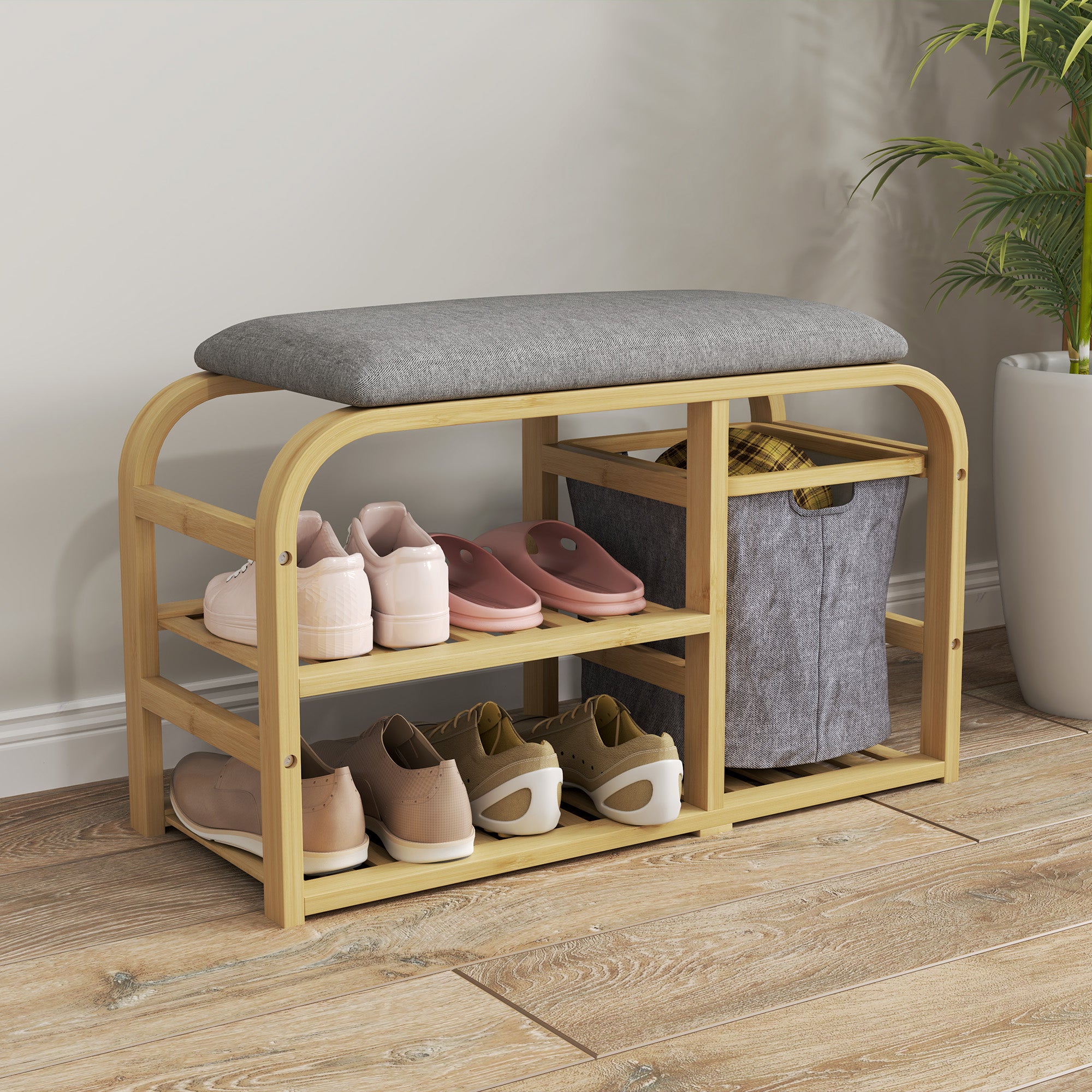 Bamboo Shoe Rack Bench with Padded Seat - Nature Wood Finish